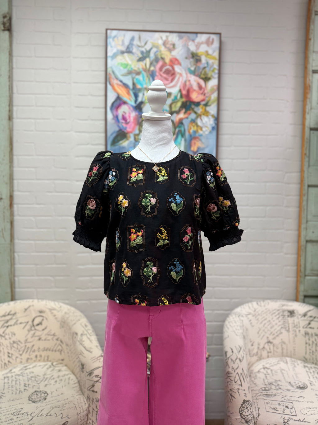 Black Embroidered Floral Top