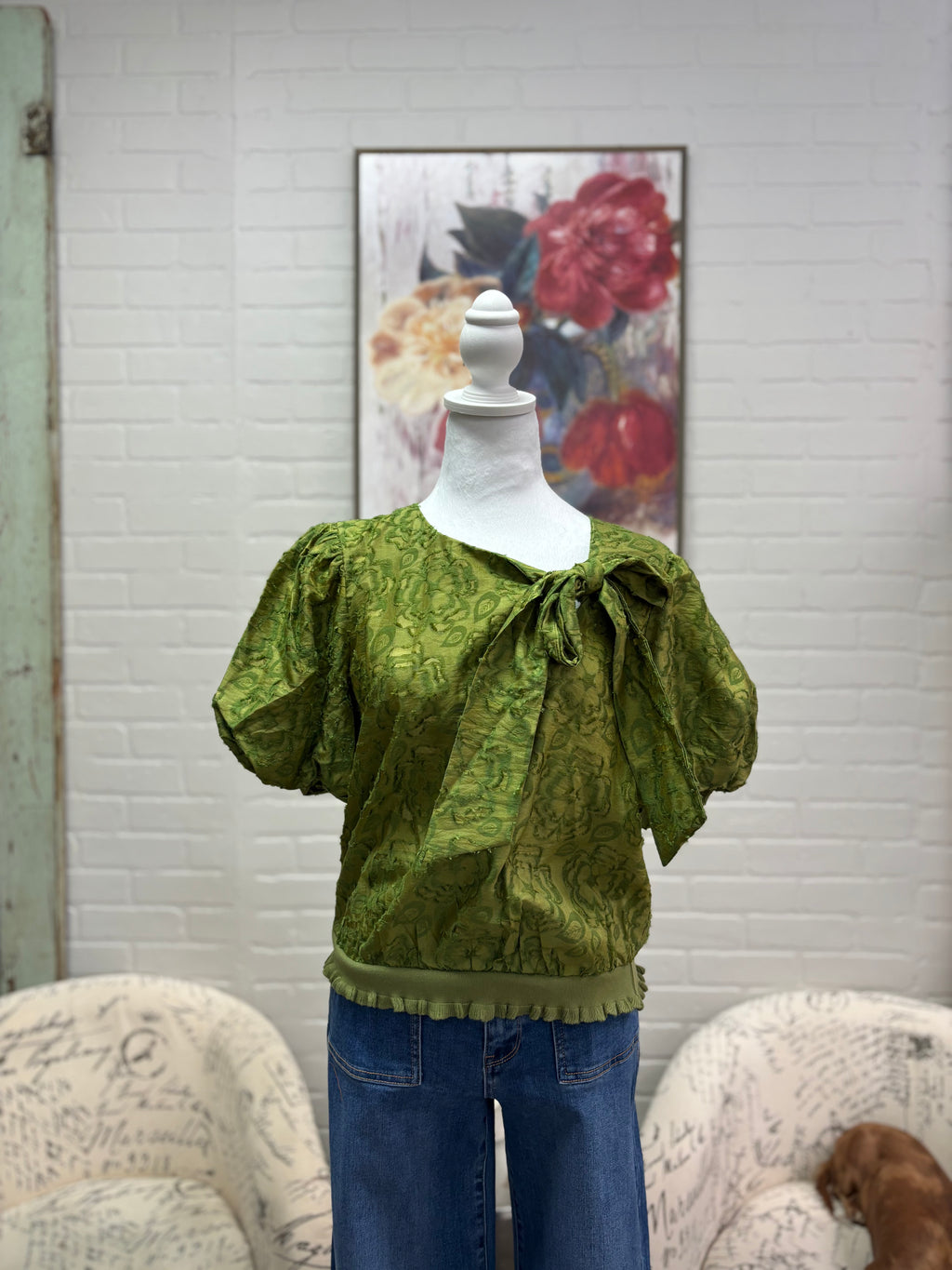 Olive Burn Out Bow Top
