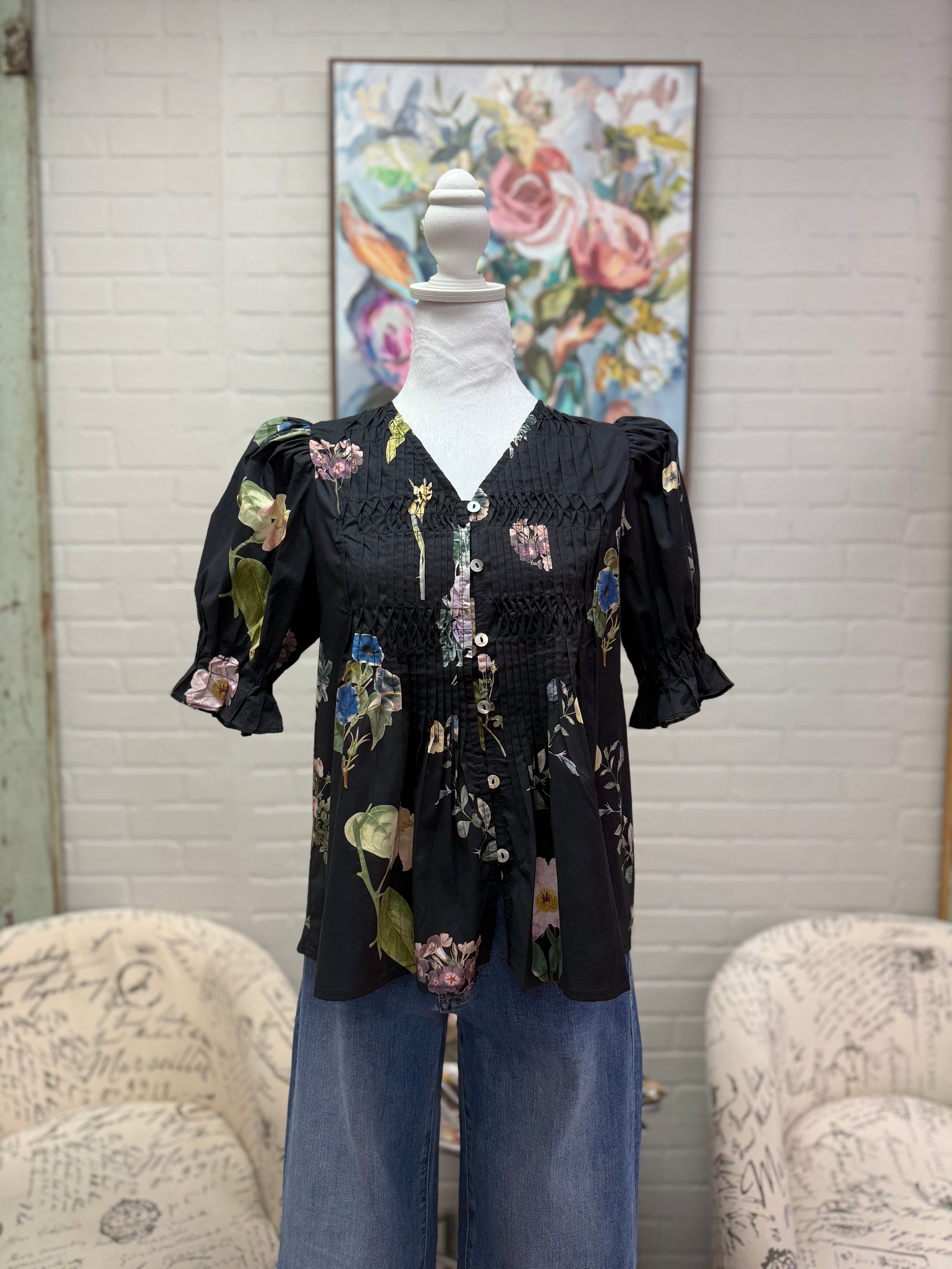 Black Floral Pintuck Blouse