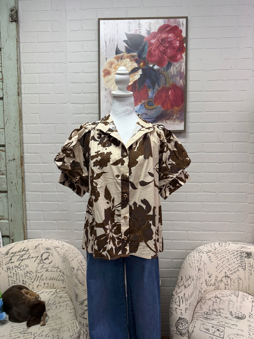 Brown Floral Button Down Top