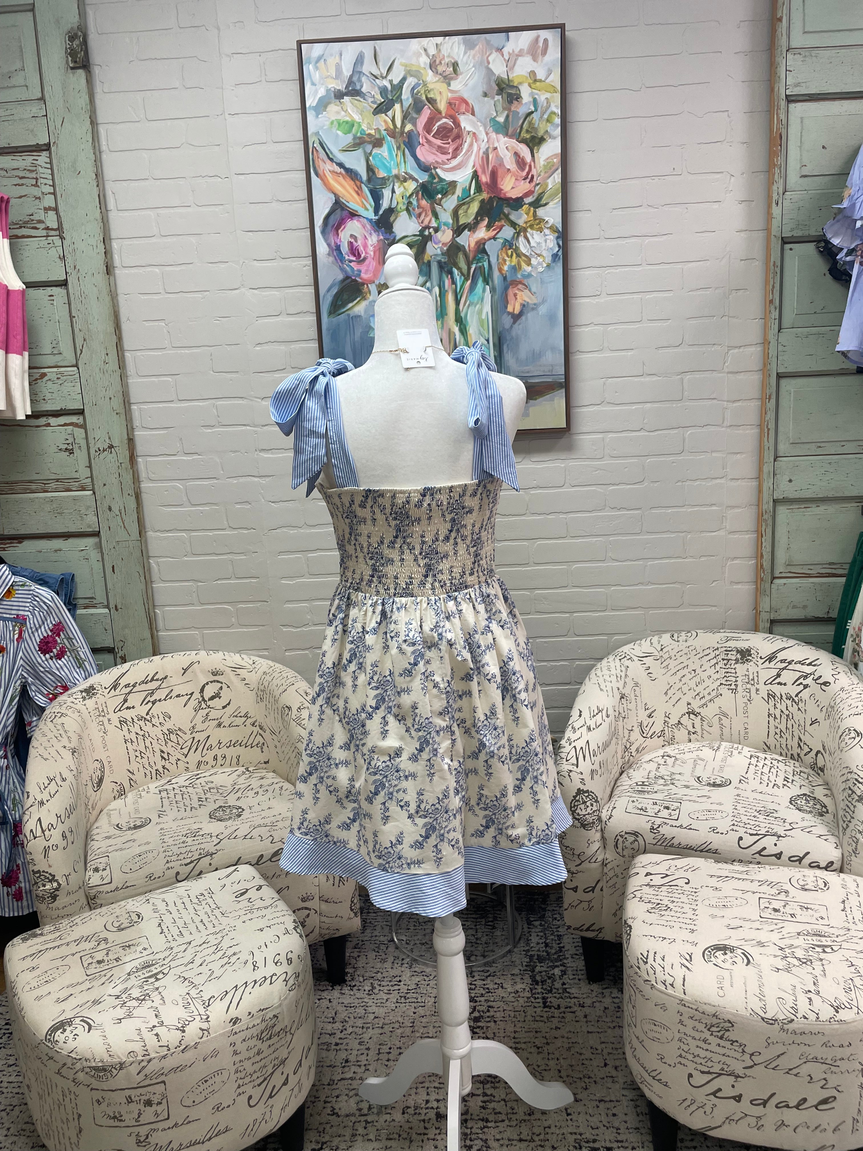 Cream & Blue Floral Mini Dress