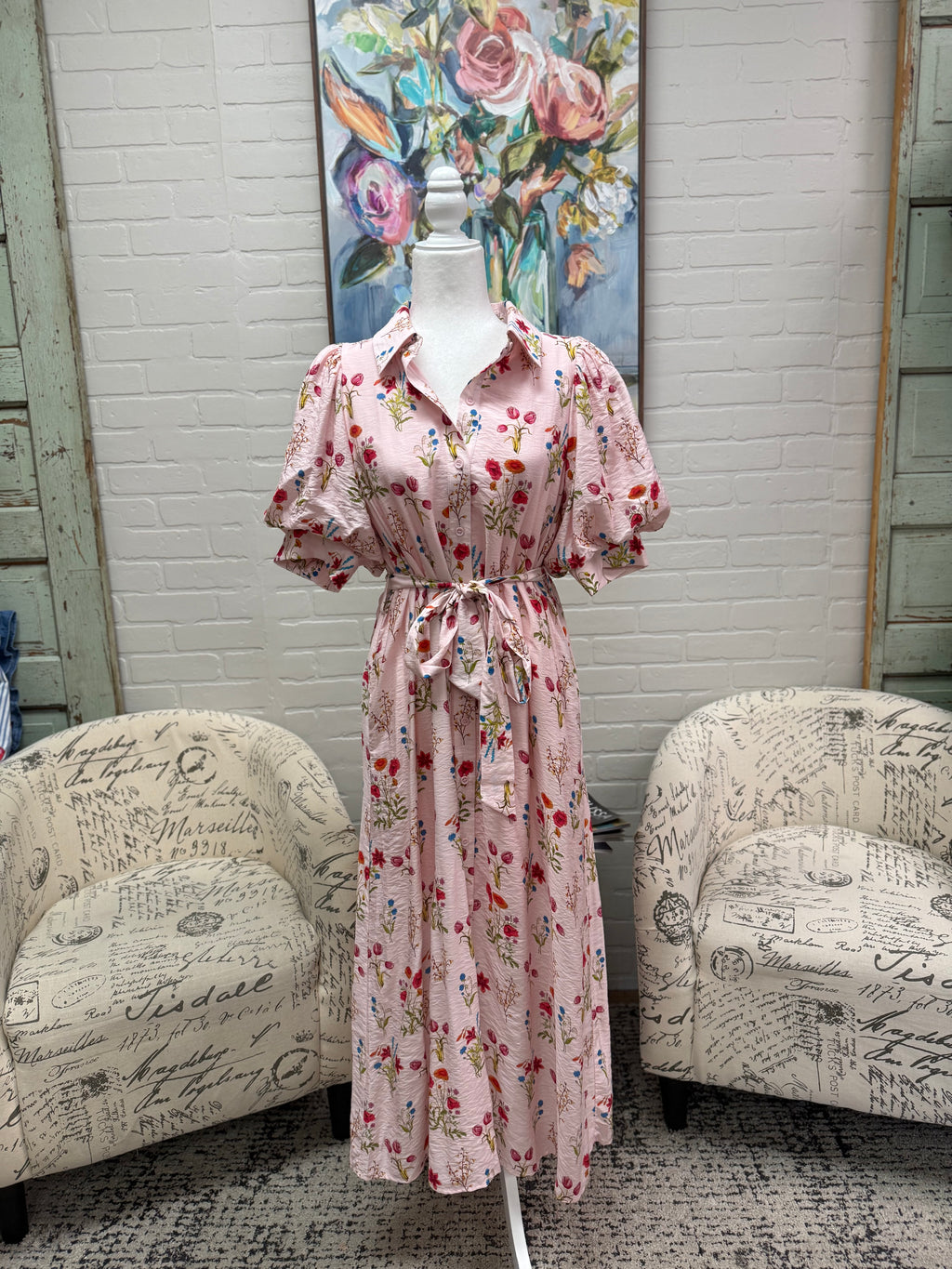 Pink Floral Tie Belt Midi Dress