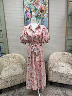 Pink Floral Tie Belt Midi Dress