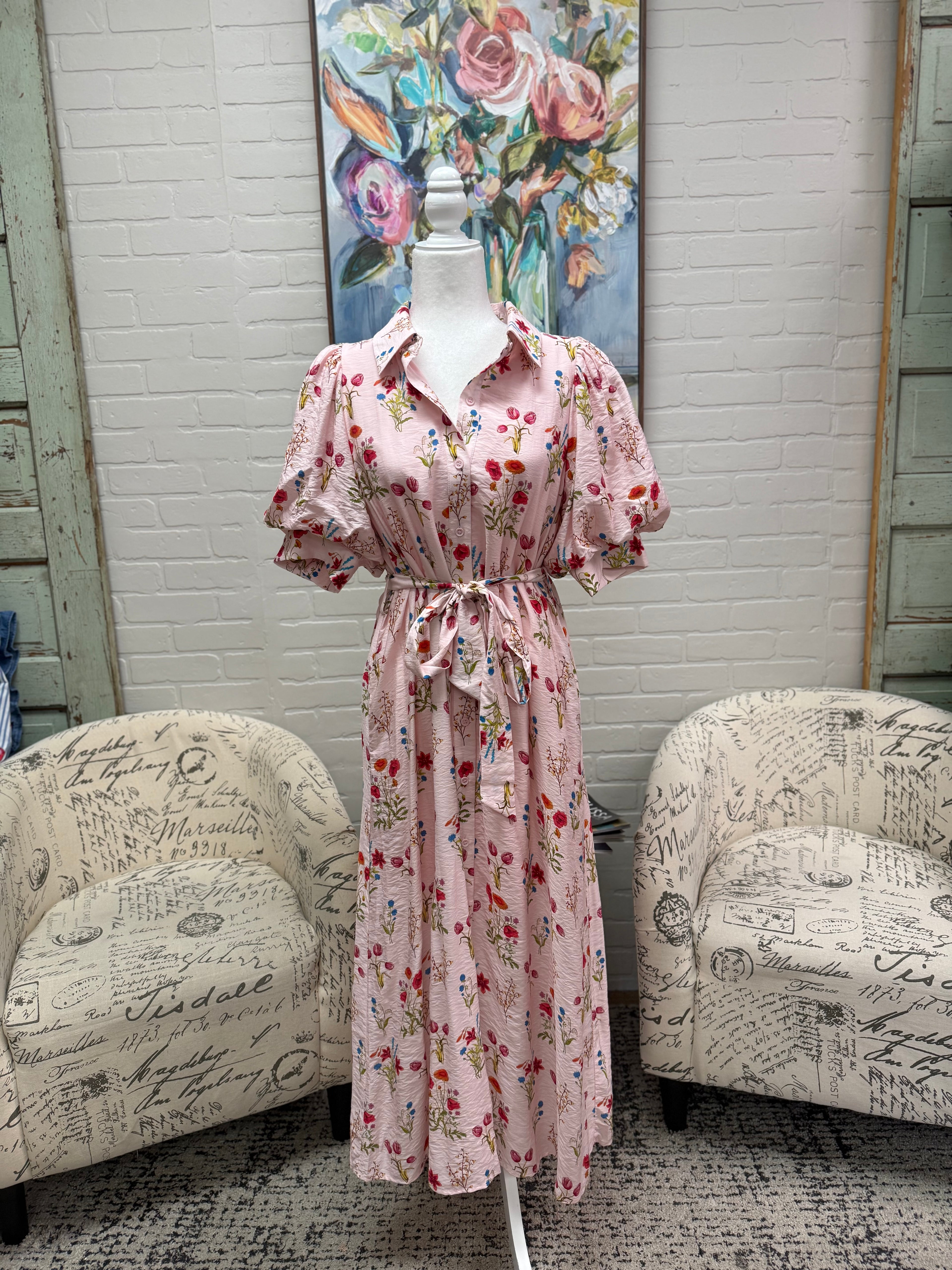 Pink Floral Tie Belt Midi Dress