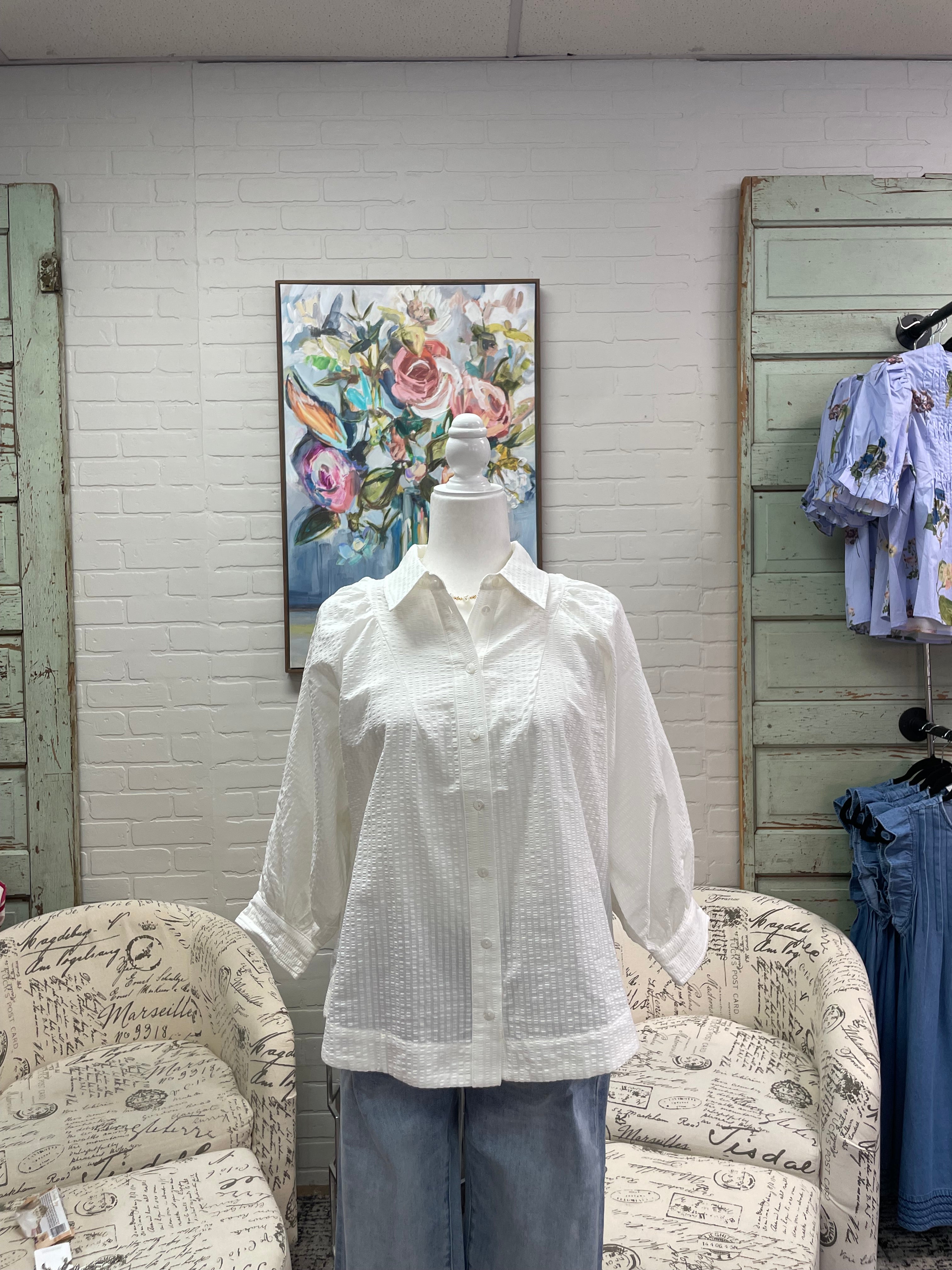 White Textured 3/4 Sleeve Blouse