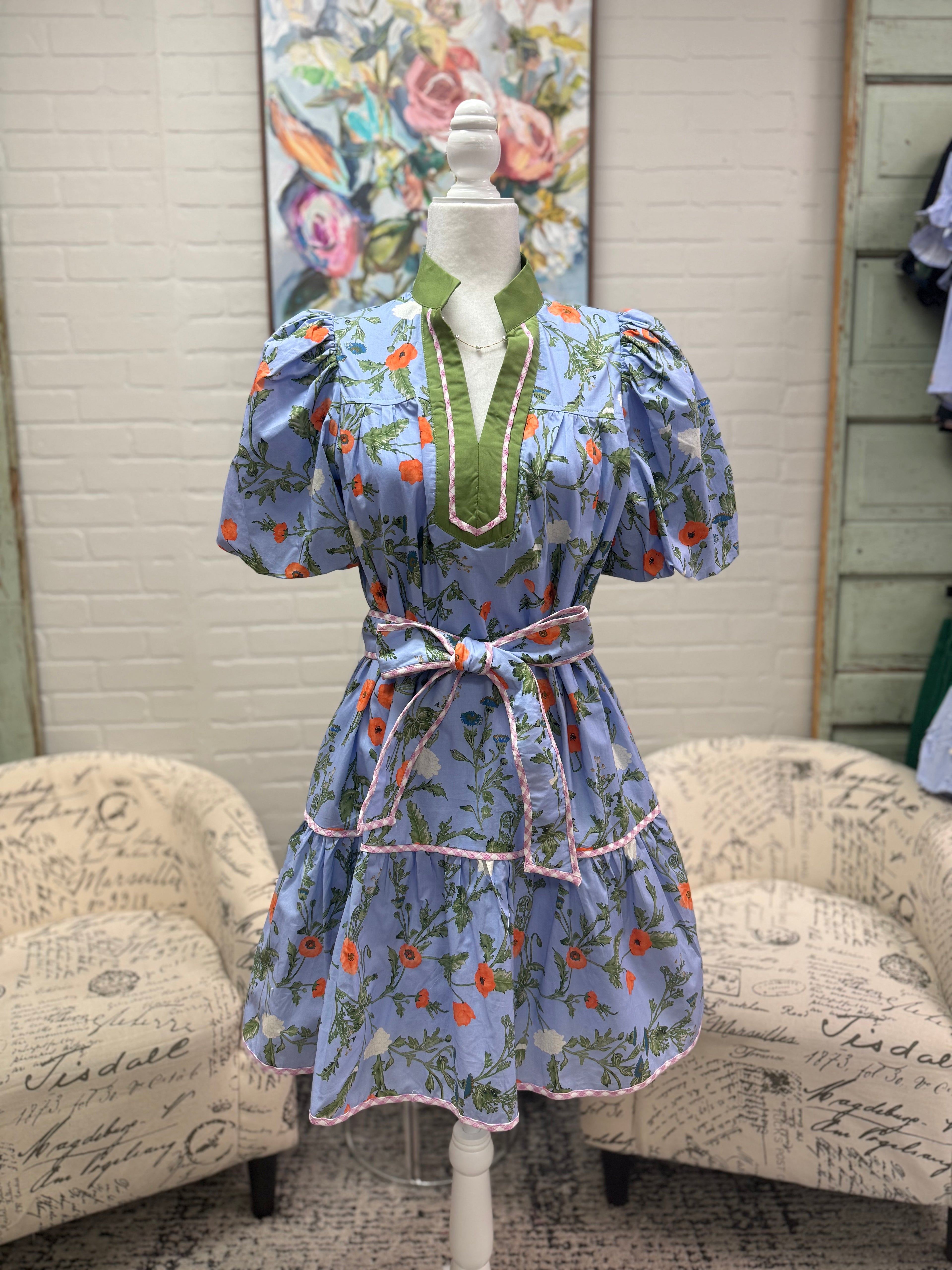 Blue Floral Tie Mini Dress