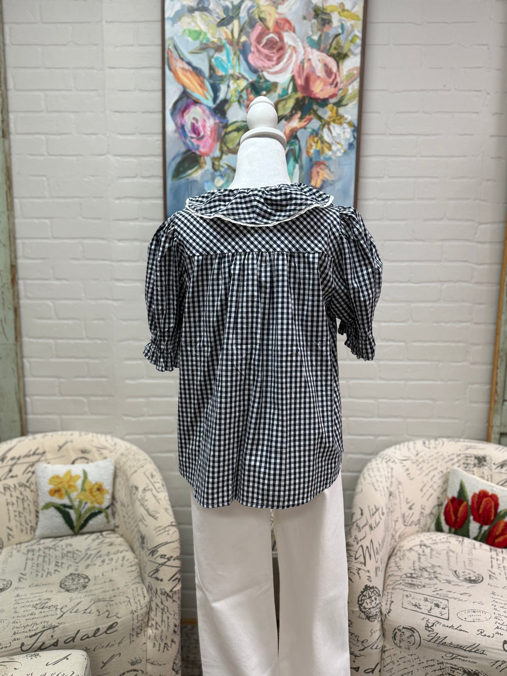 Navy Gingham Ruffle Top