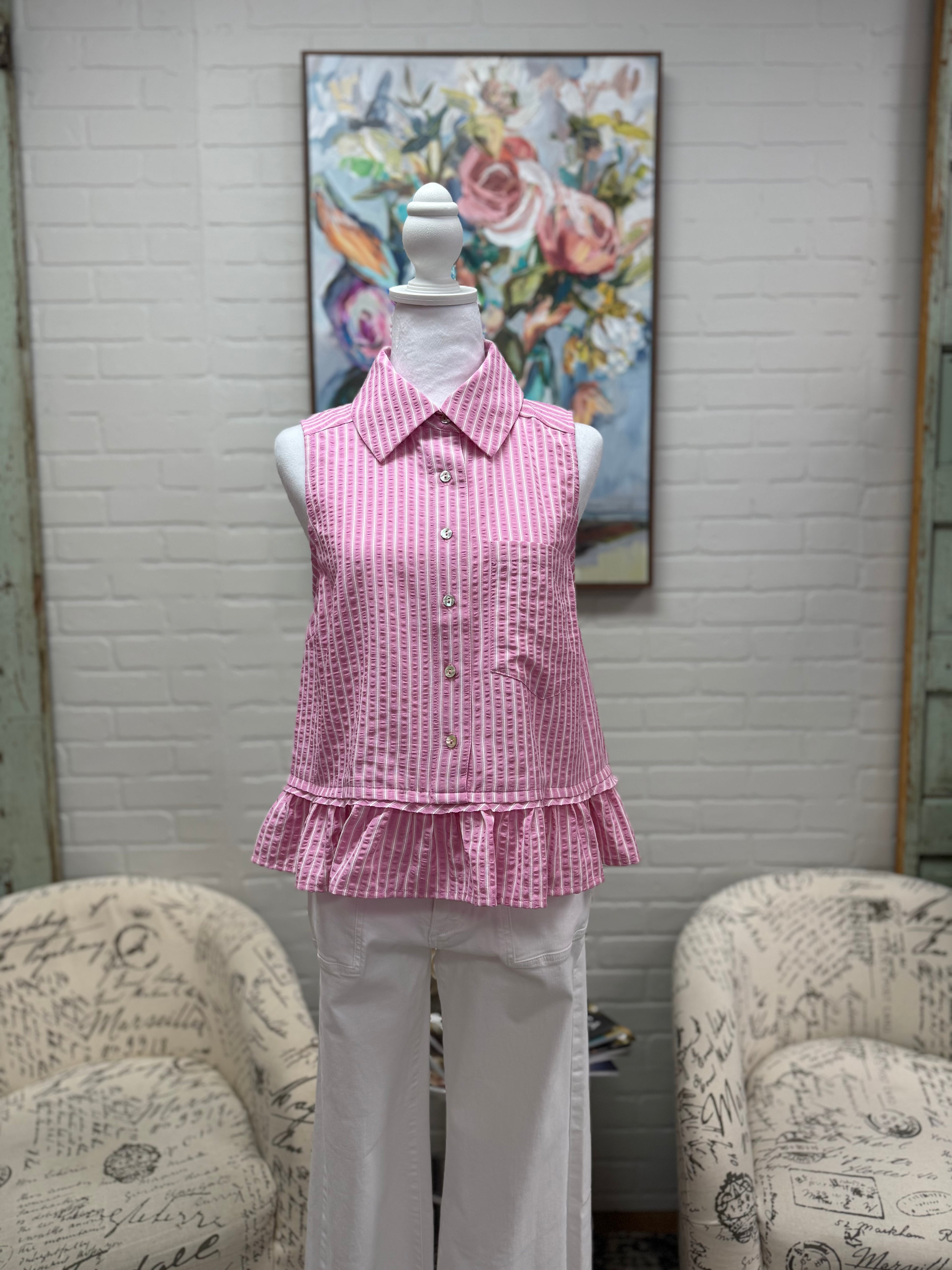 Pink Striped Sleeveless Top w/ Ruffle Hem