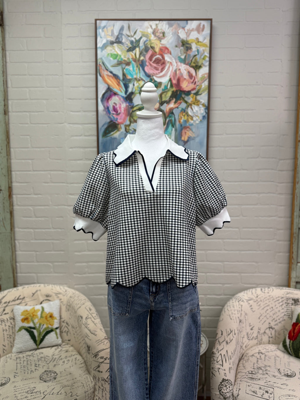 Navy Gingham Puff Sleeve Top