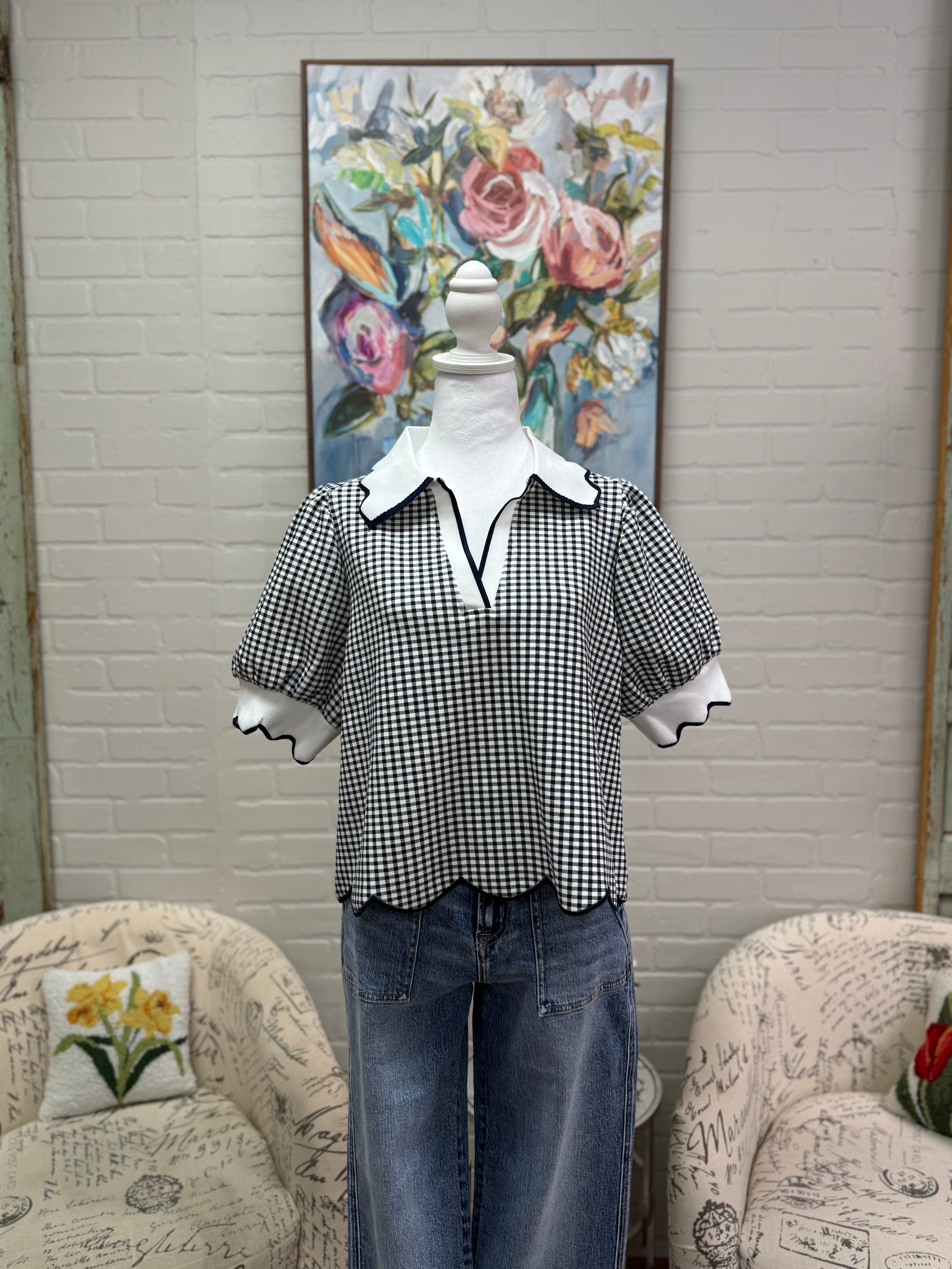 Navy Gingham Puff Sleeve Top