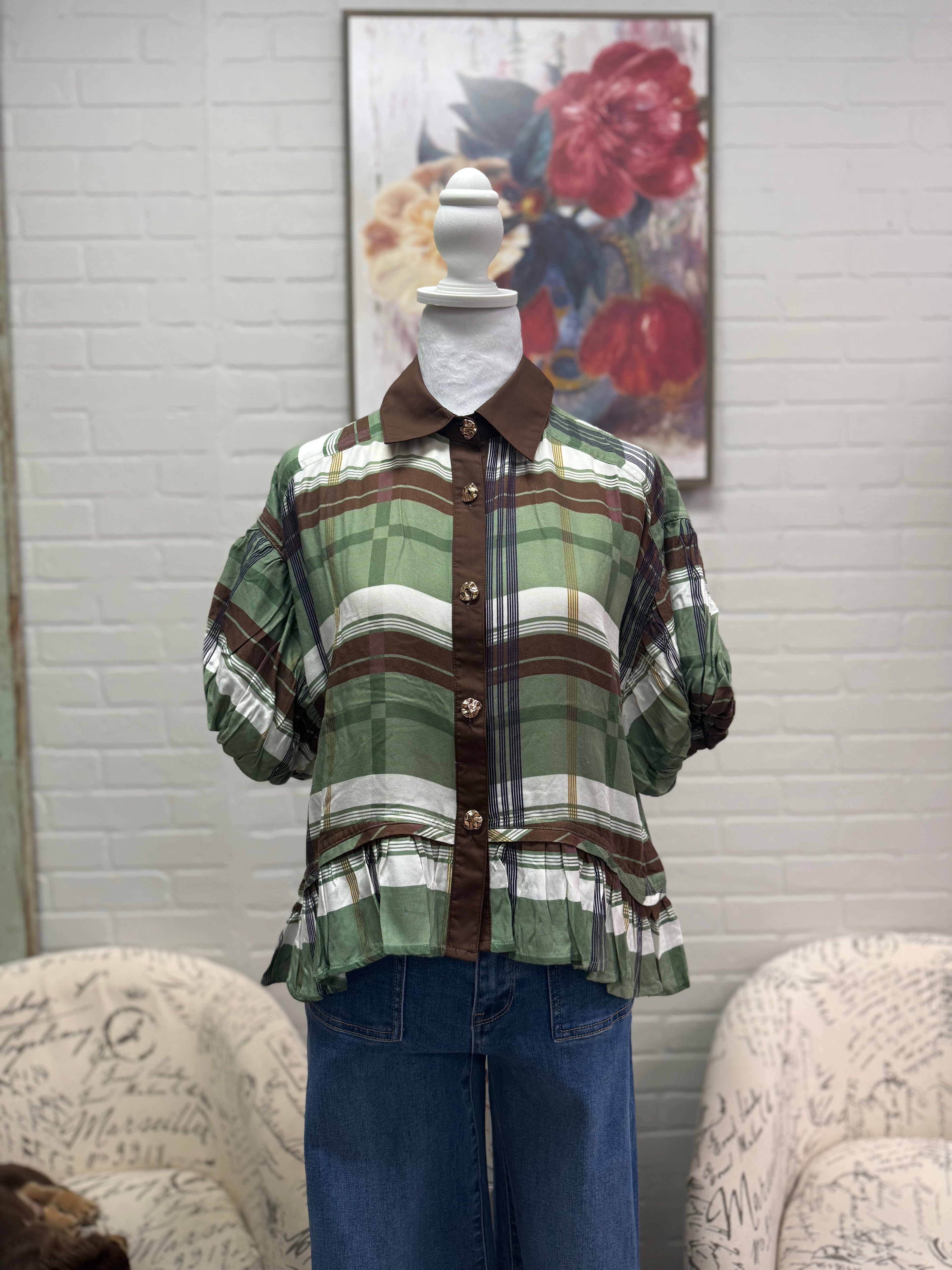 Olive Plaid Ruffle Hem Top