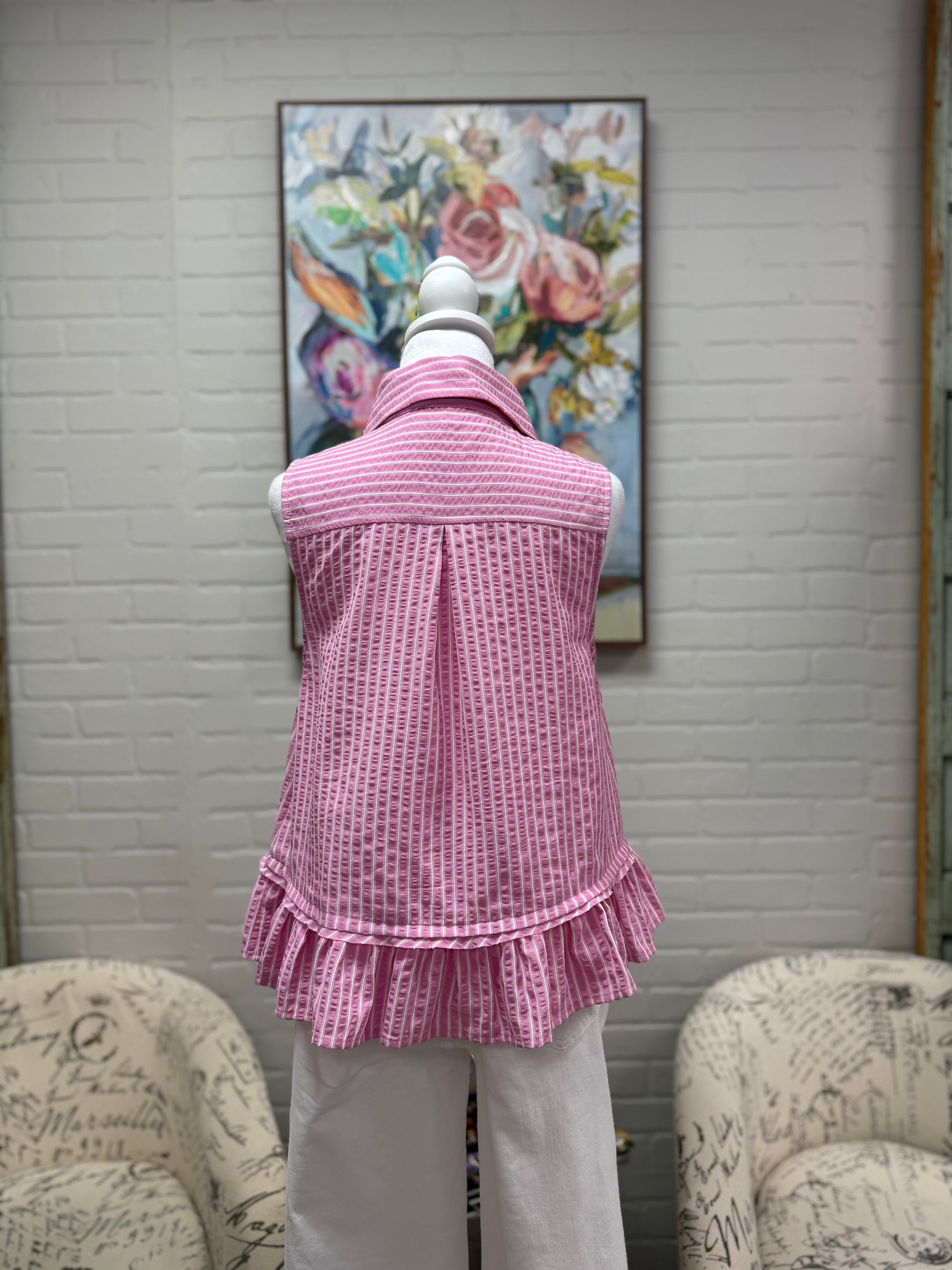 Pink Striped Sleeveless Top w/ Ruffle Hem