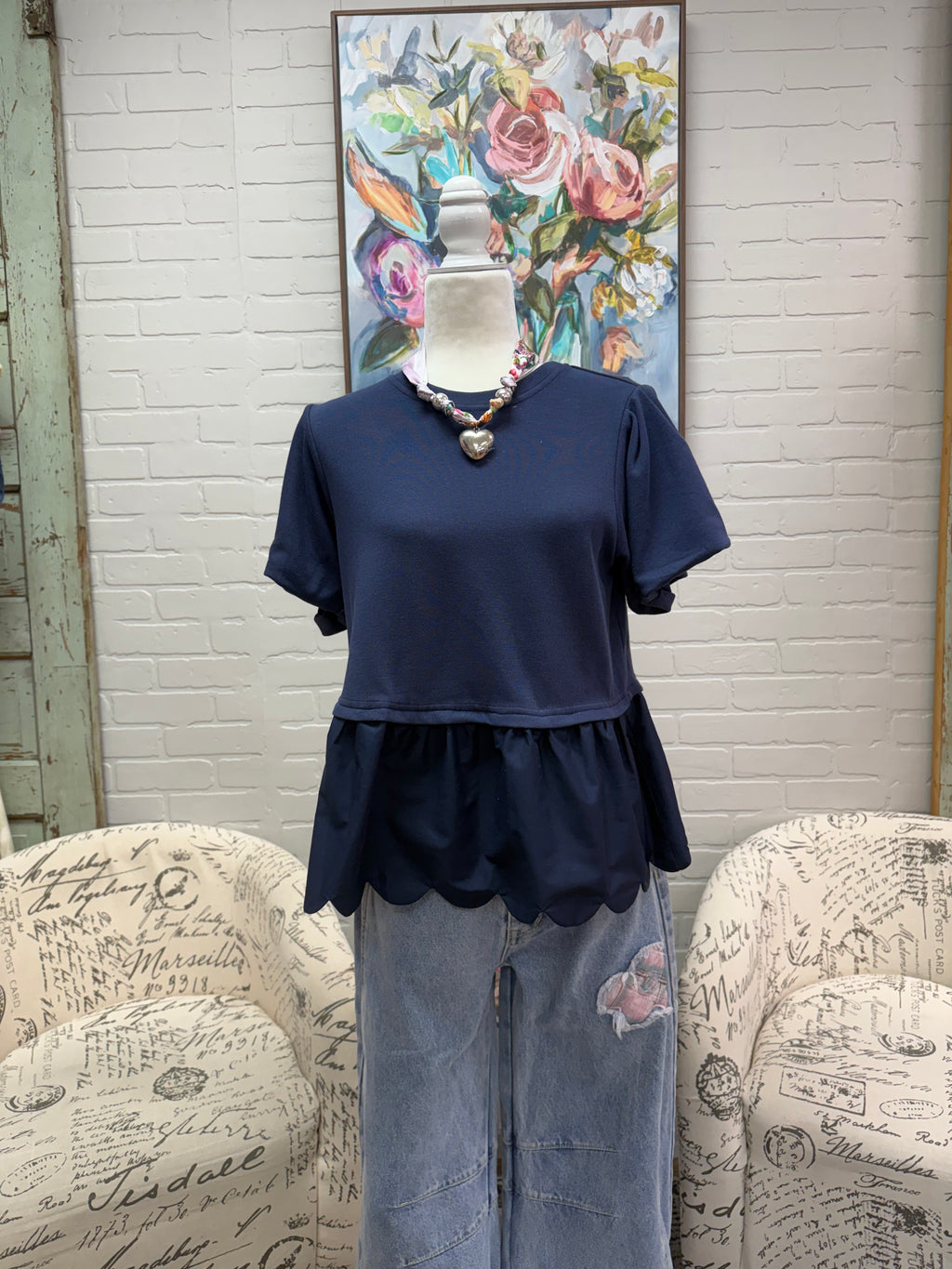 Navy Puff Sleeve Scallop Top
