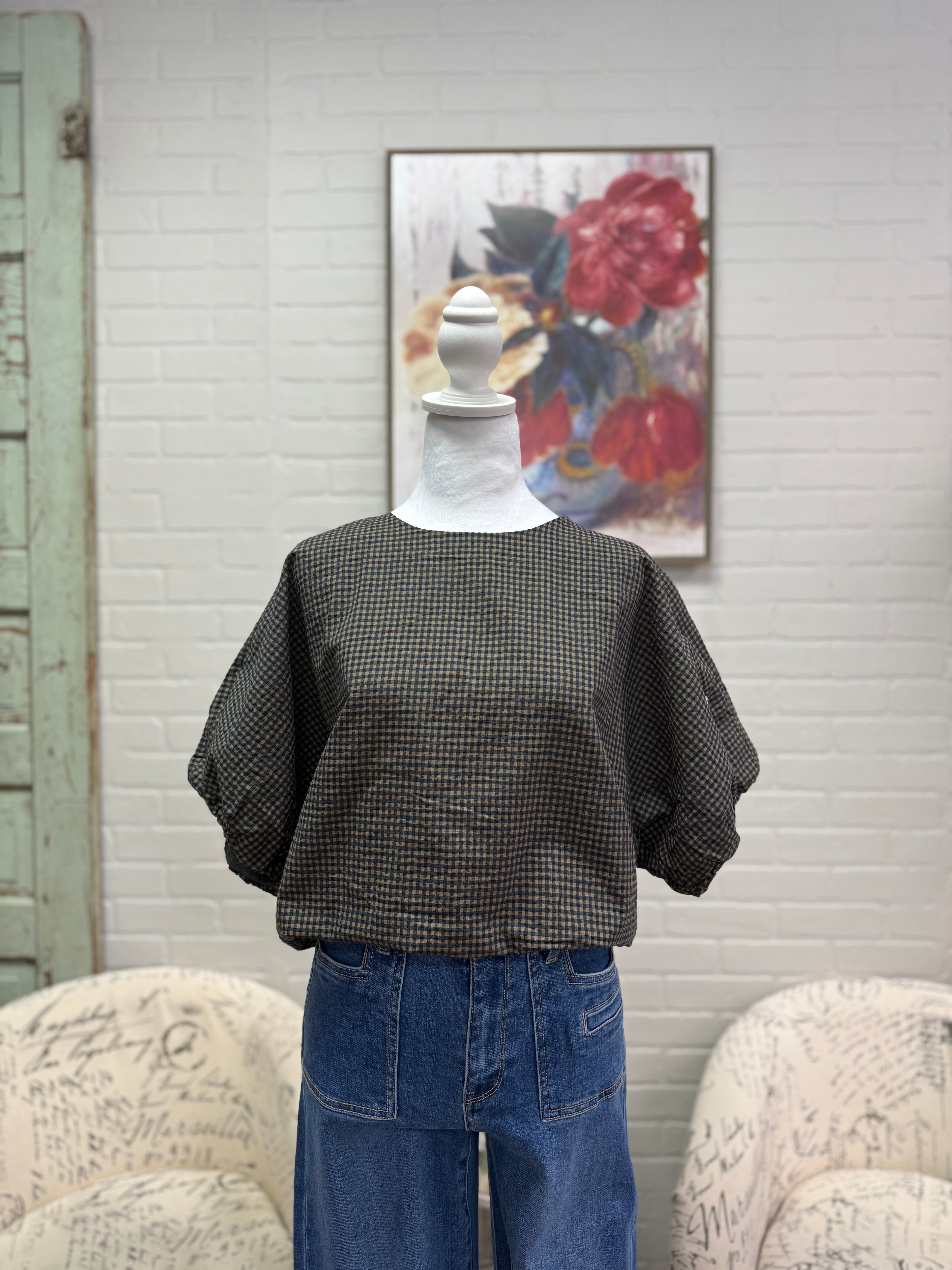 Navy Gingham Bubble Sleeve Top
