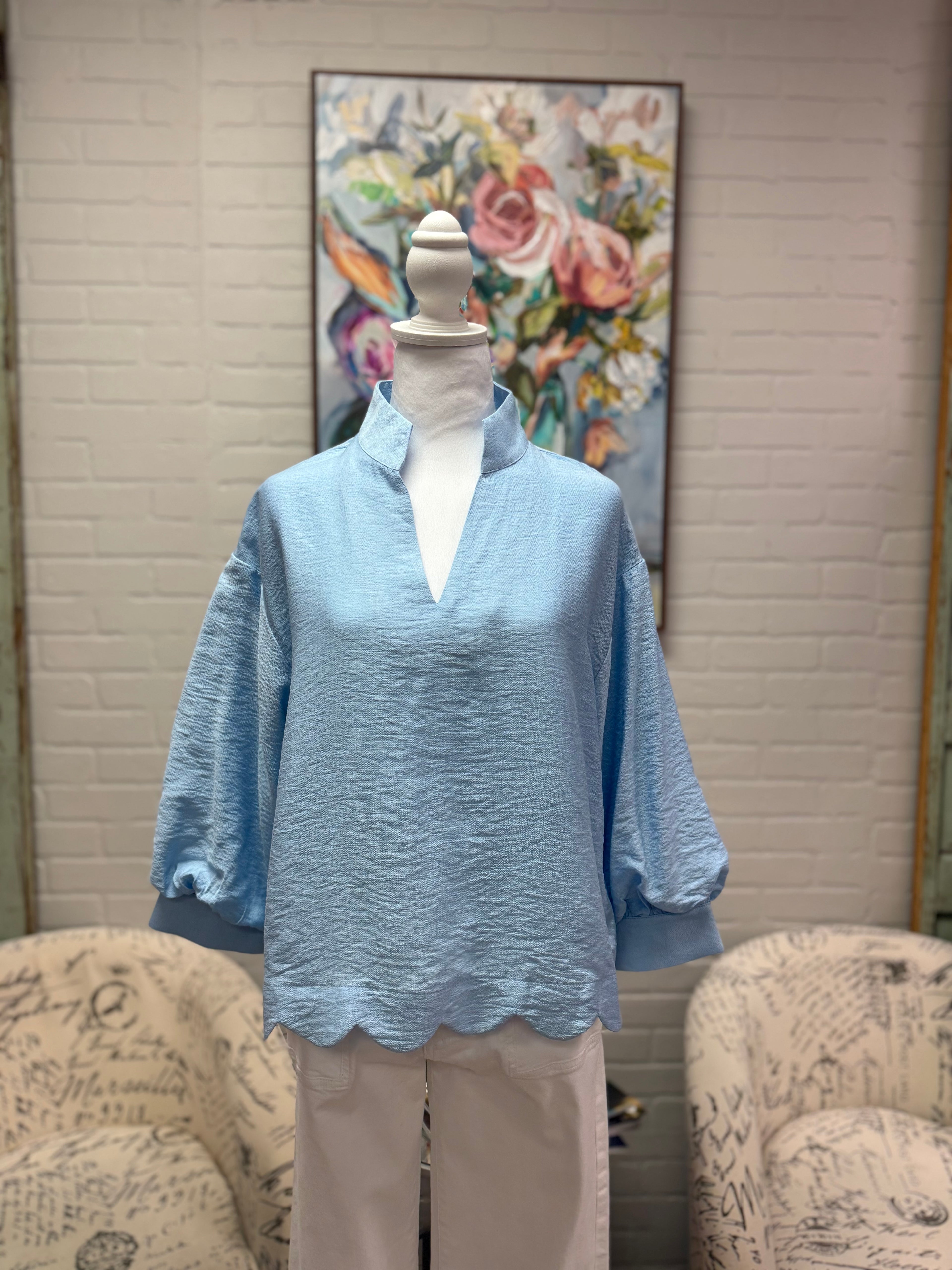 Blue 3/4 Sleeve Scalloped Top