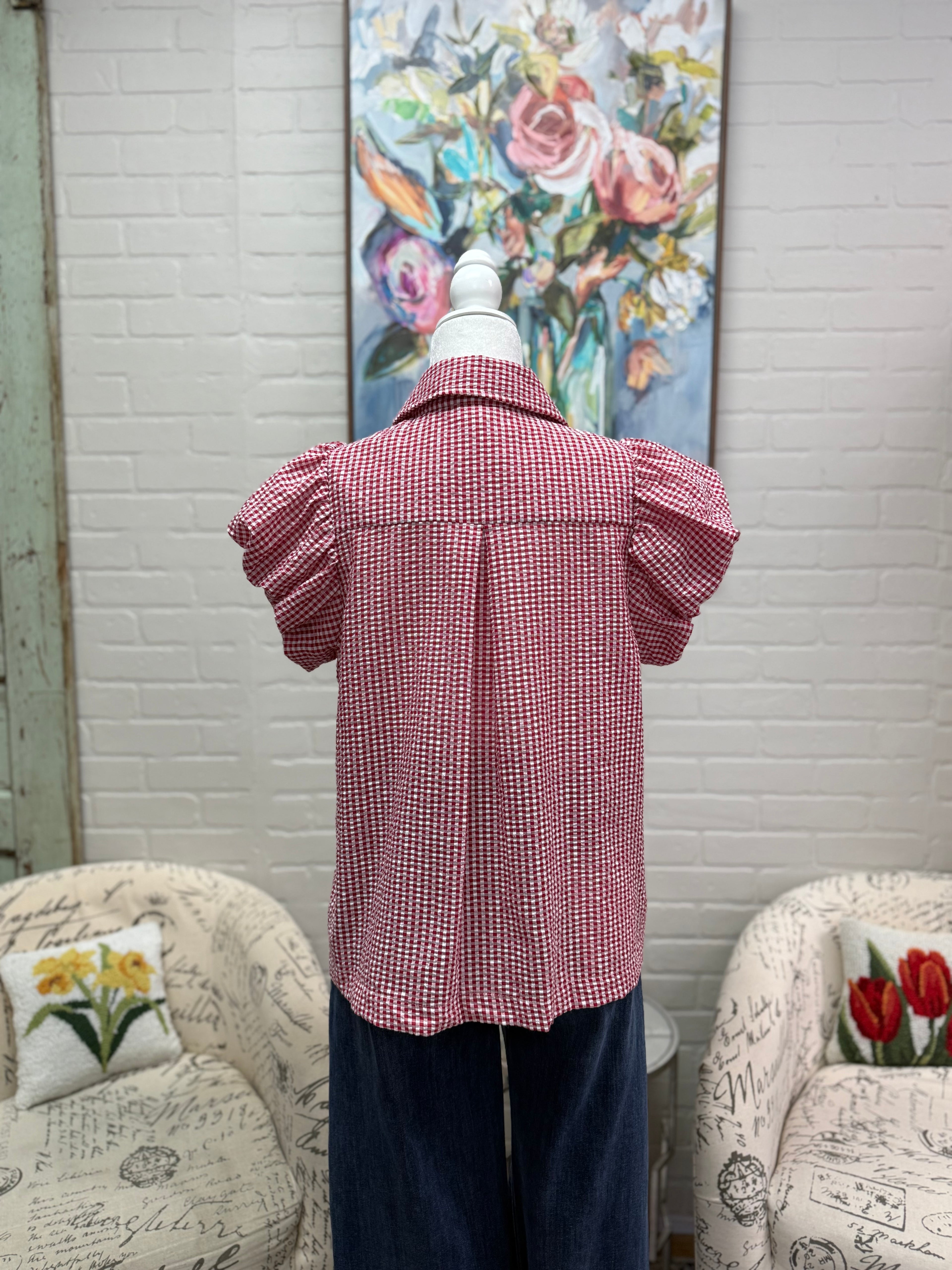 Red Gingham Pintuck Blouse