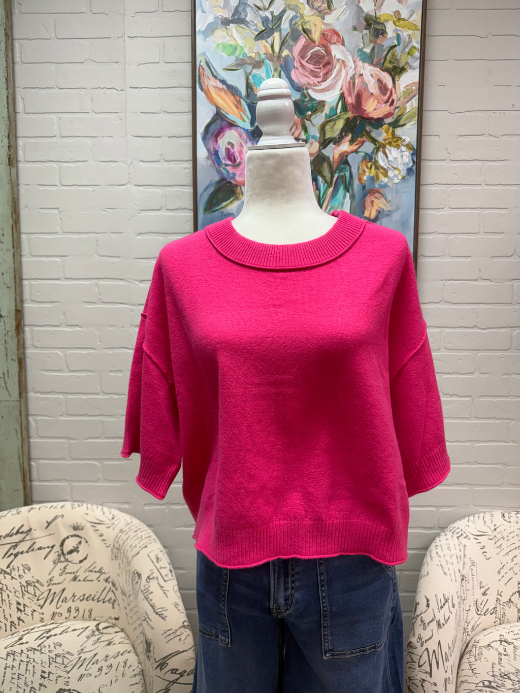 Hot Pink 3/4 Sleeves Sweater