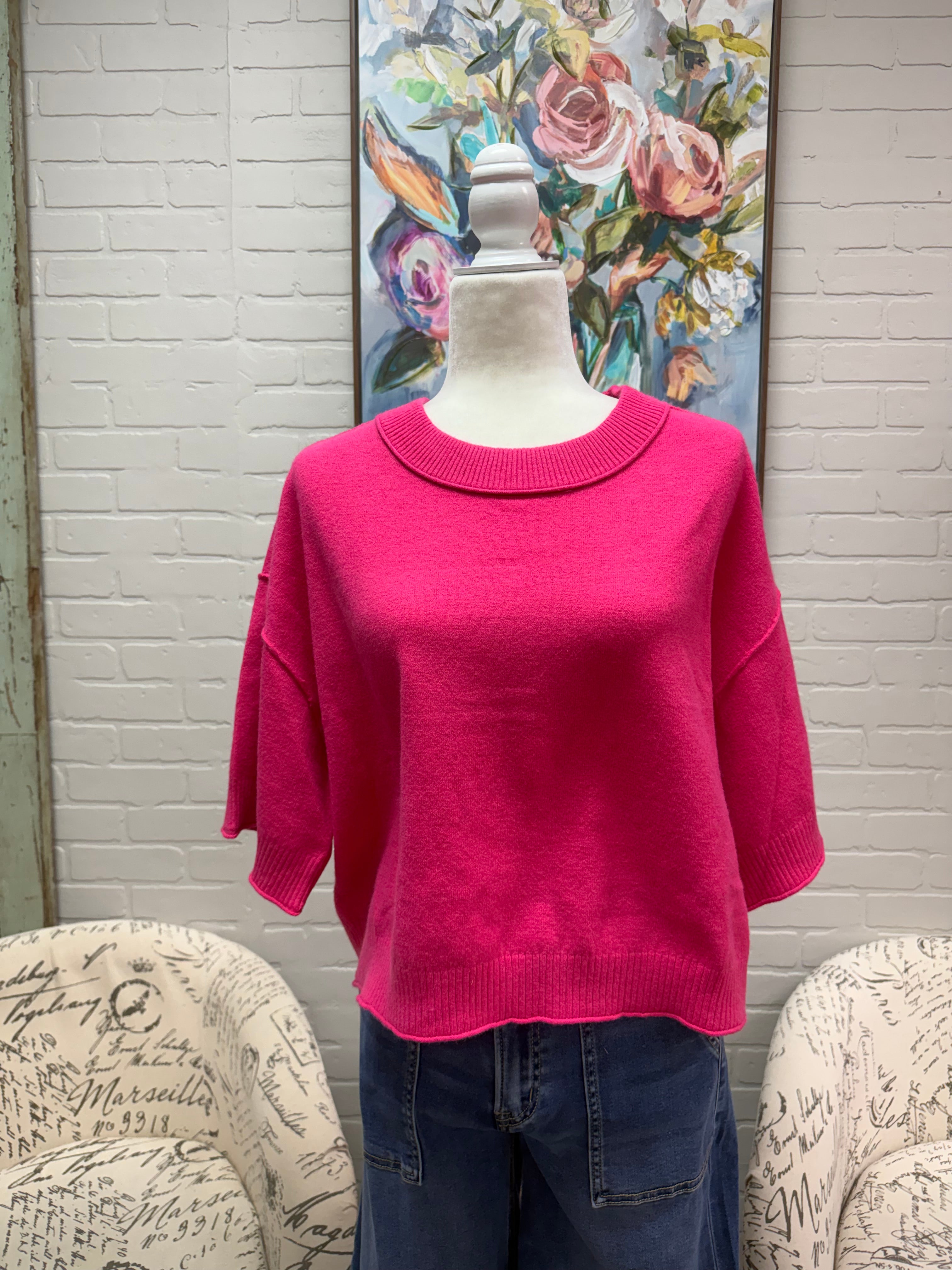 Hot Pink 3/4 Sleeves Sweater