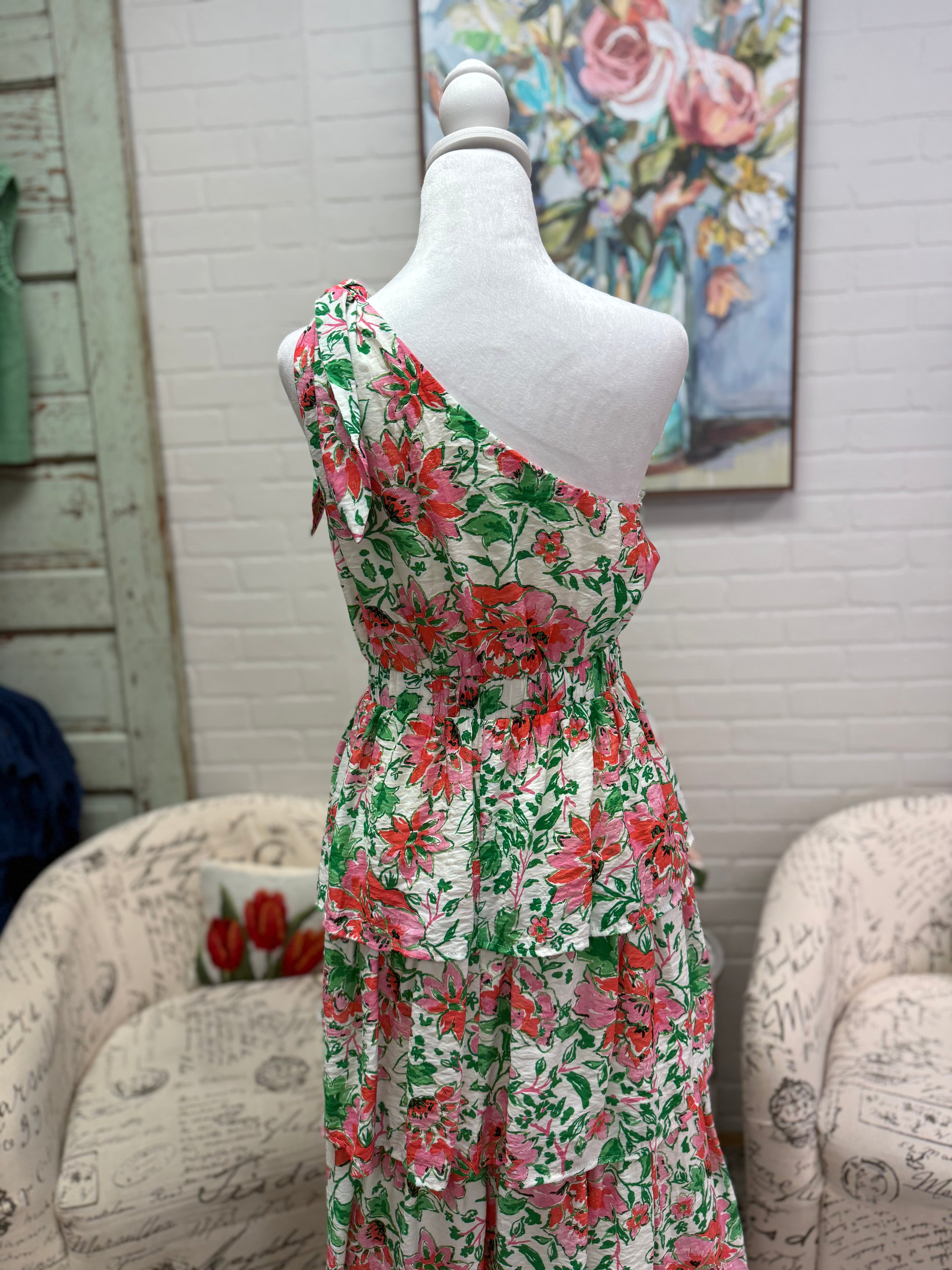 Cream Floral Tiered Midi Dress