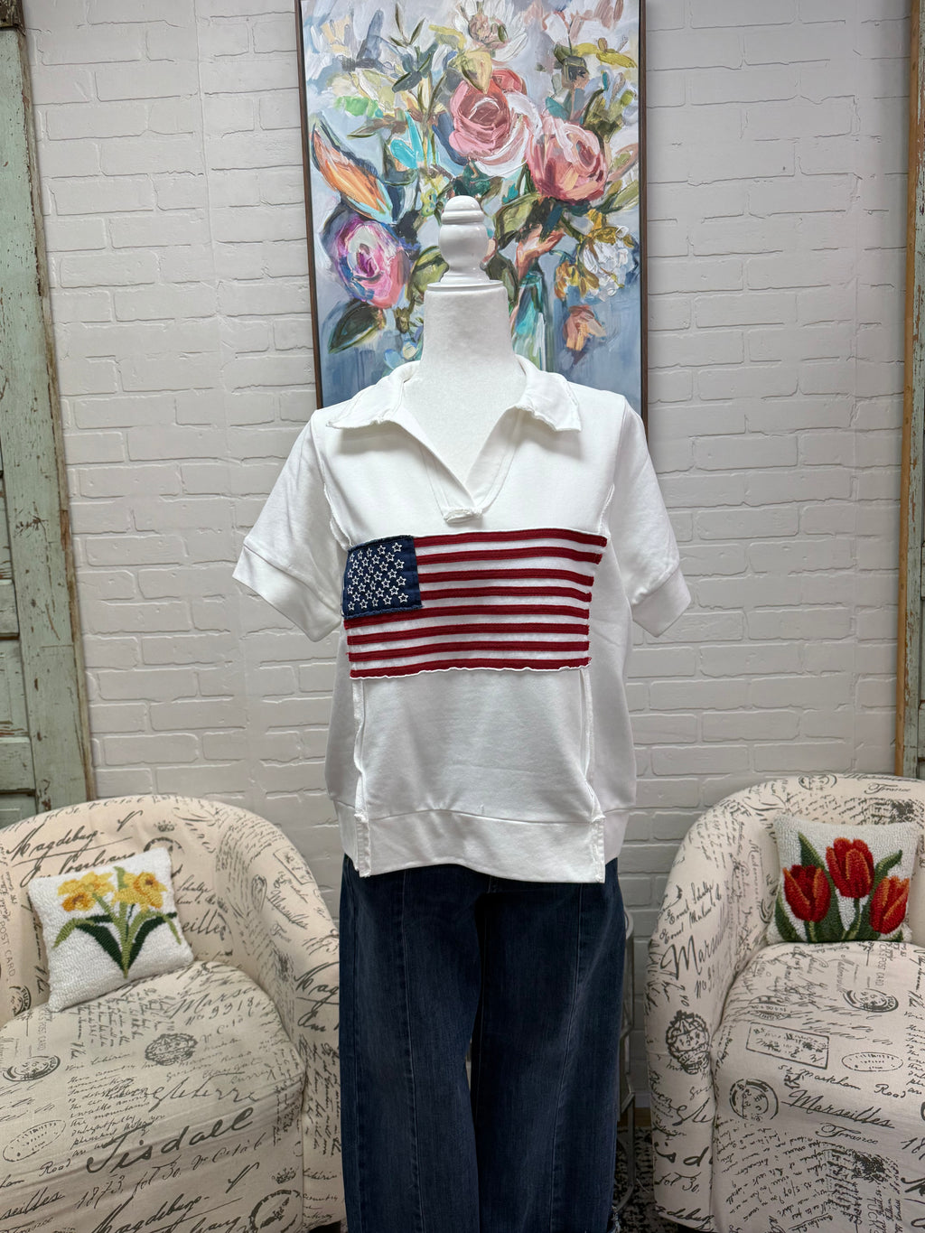 White Collared Flag Top