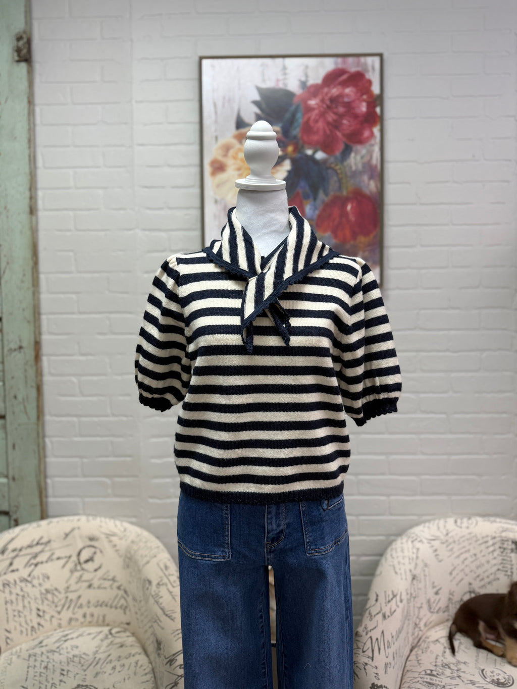 Navy Striped Tie Sweater