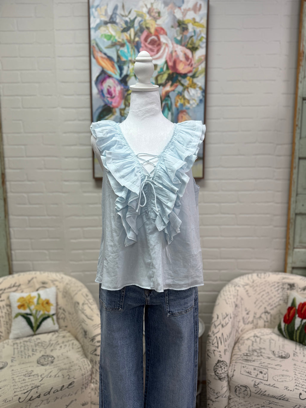 Blue Frill Neckline Blouse