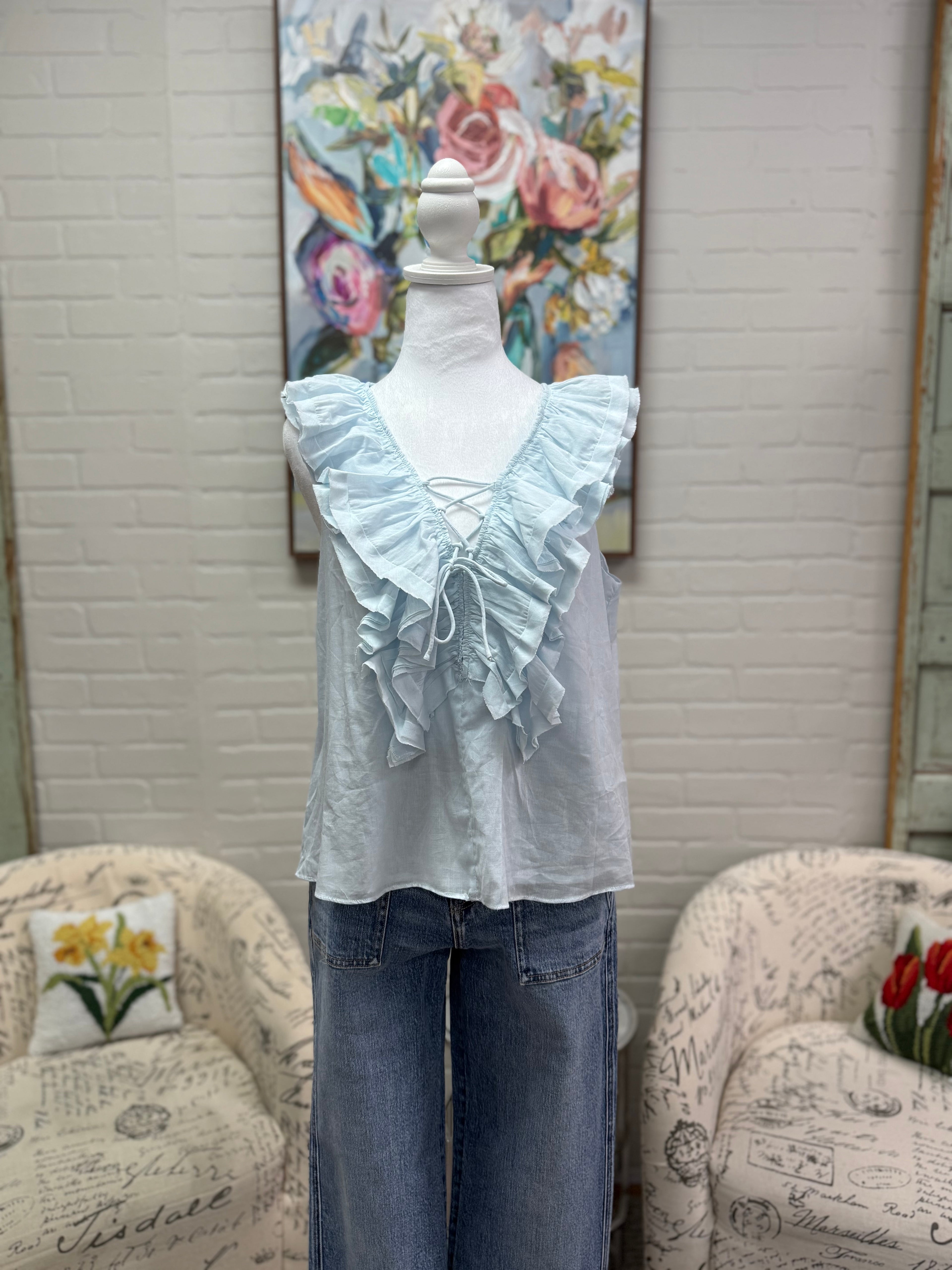 Blue Frill Neckline Blouse