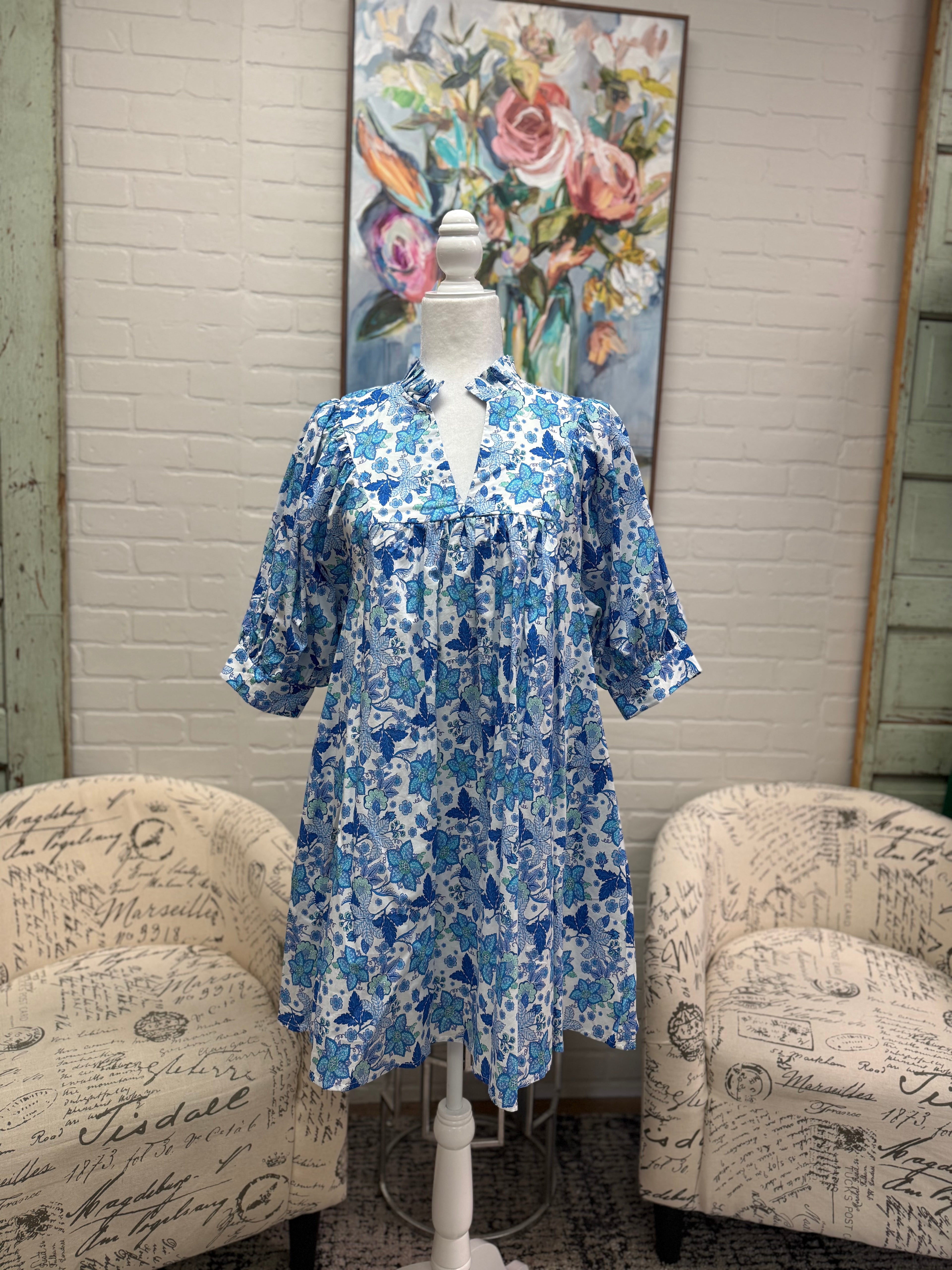 Blue Pleated Floral Mini Dress