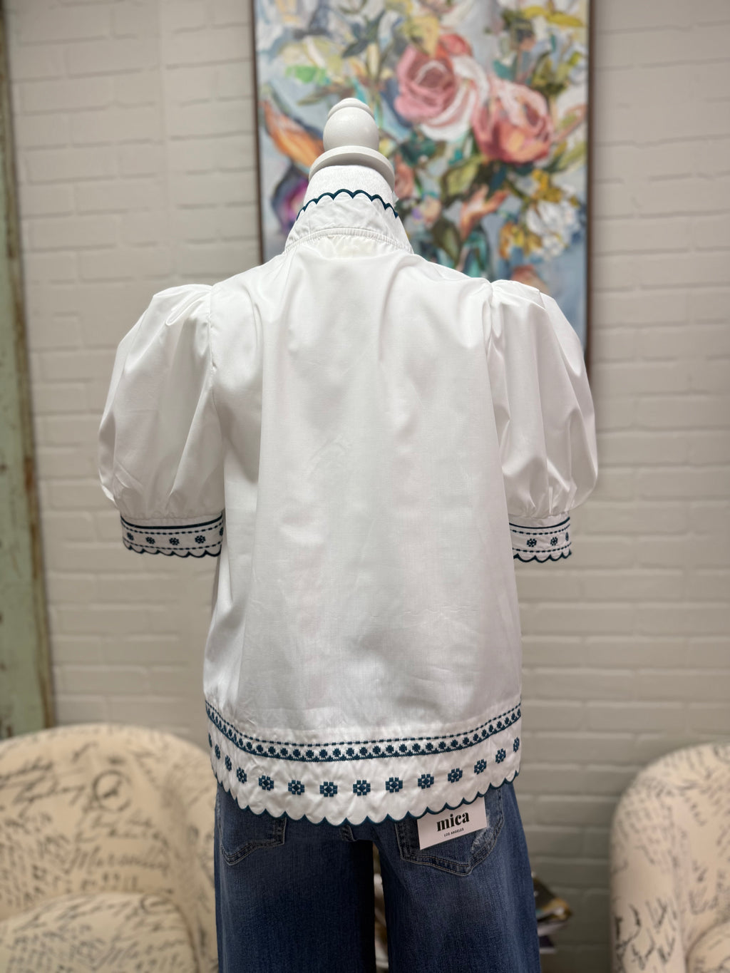 White & Blue Embroidered Trim Blouse