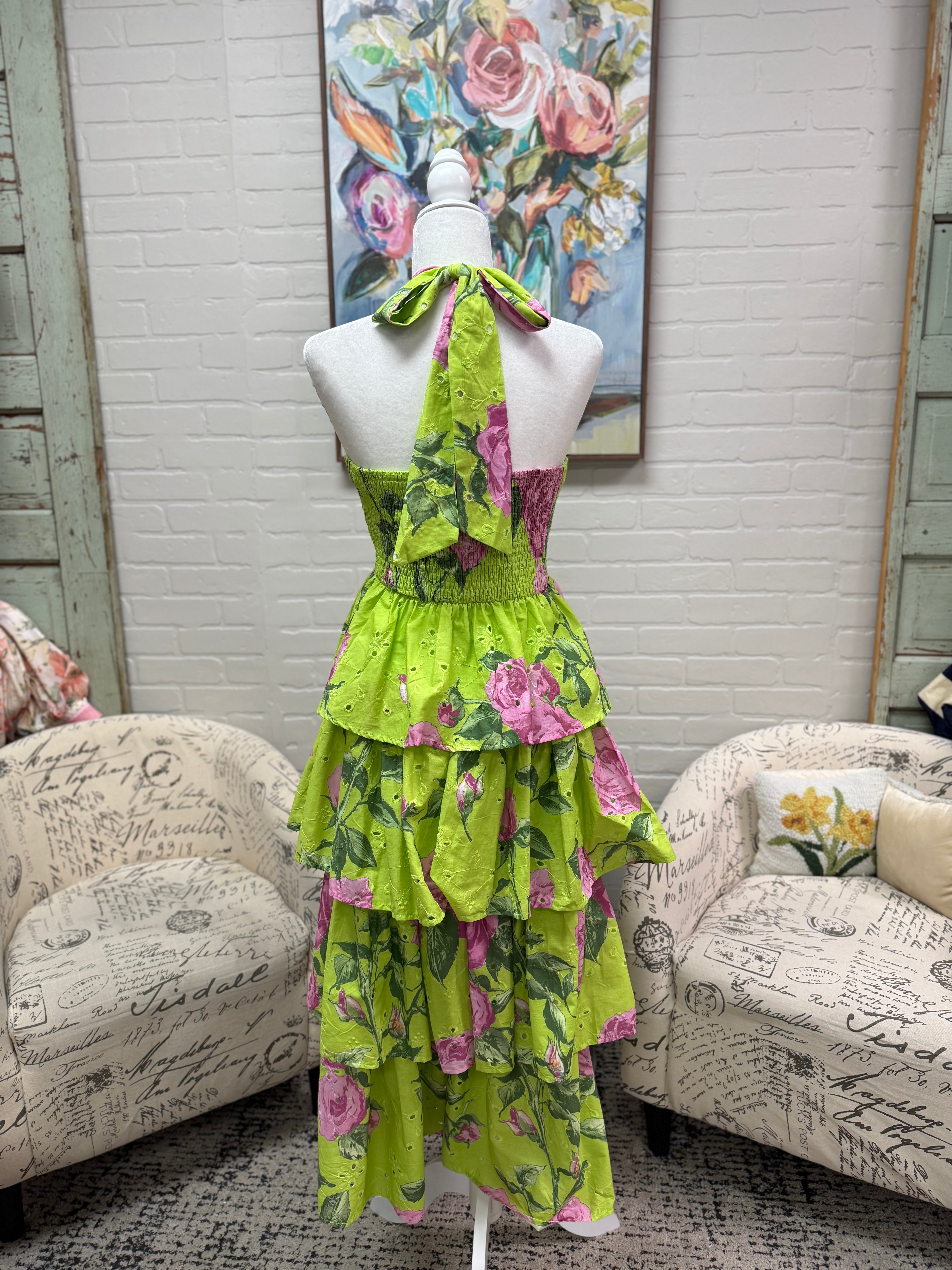 Chartreuse Floral Midi Dress