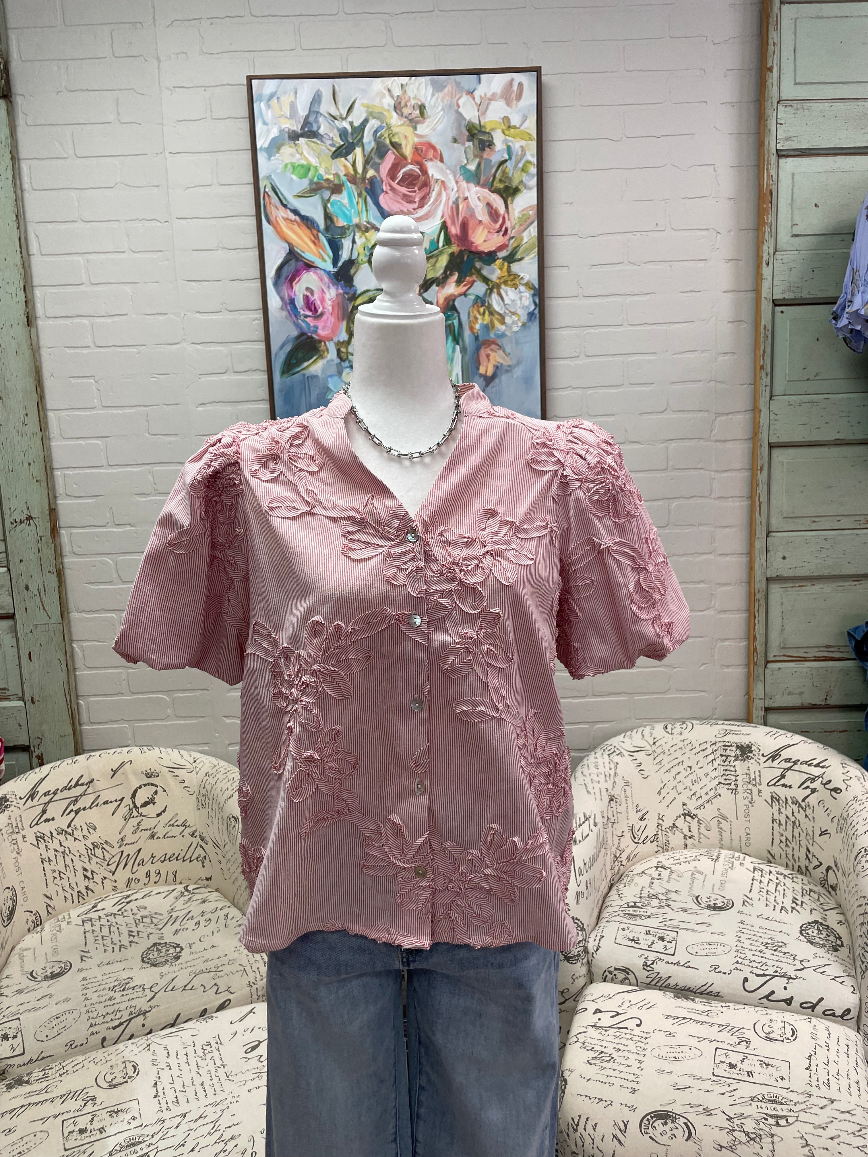 Red Striped Applique Blouse