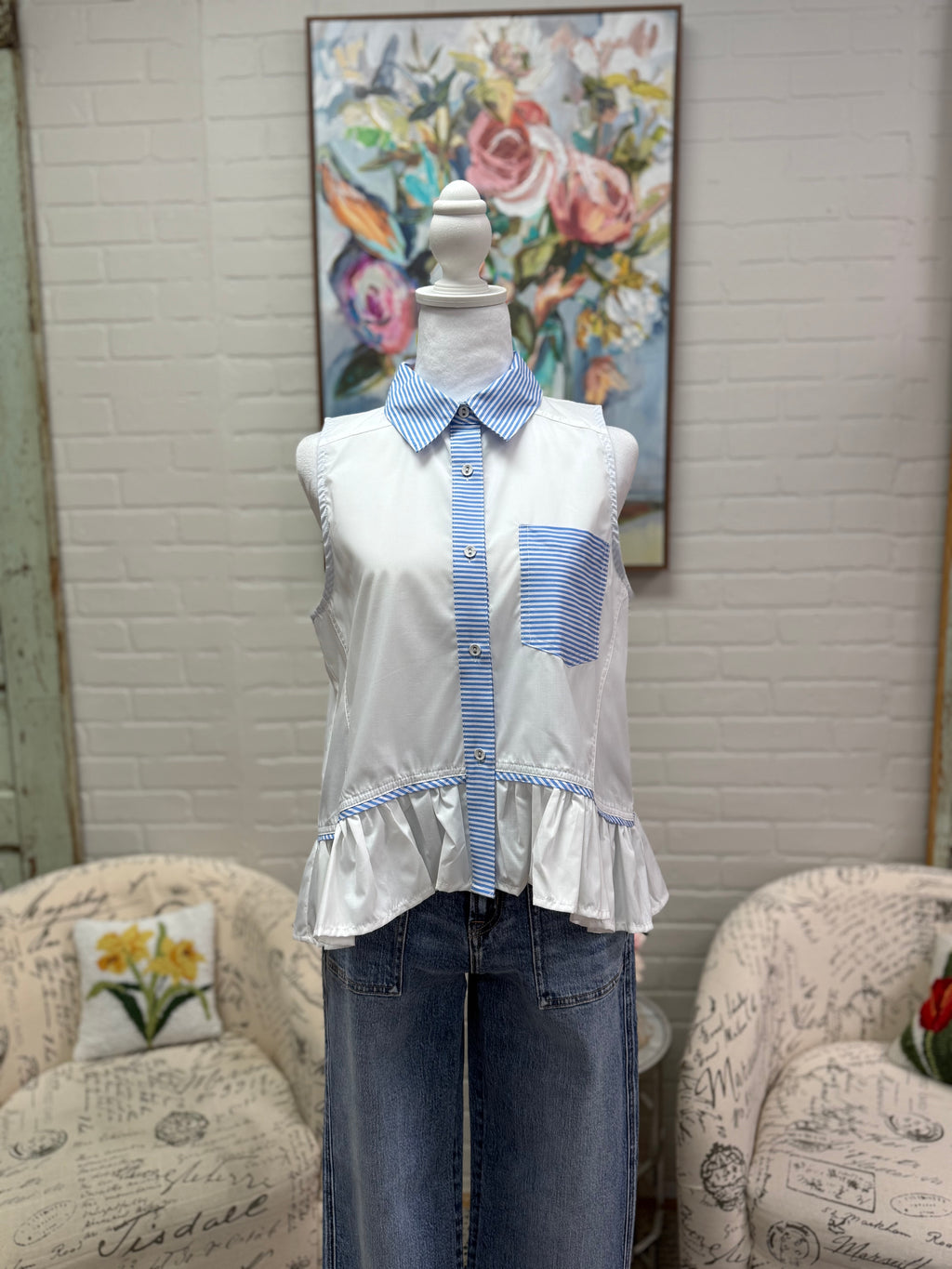 Off White Sleeveless Ruffle Hem Top