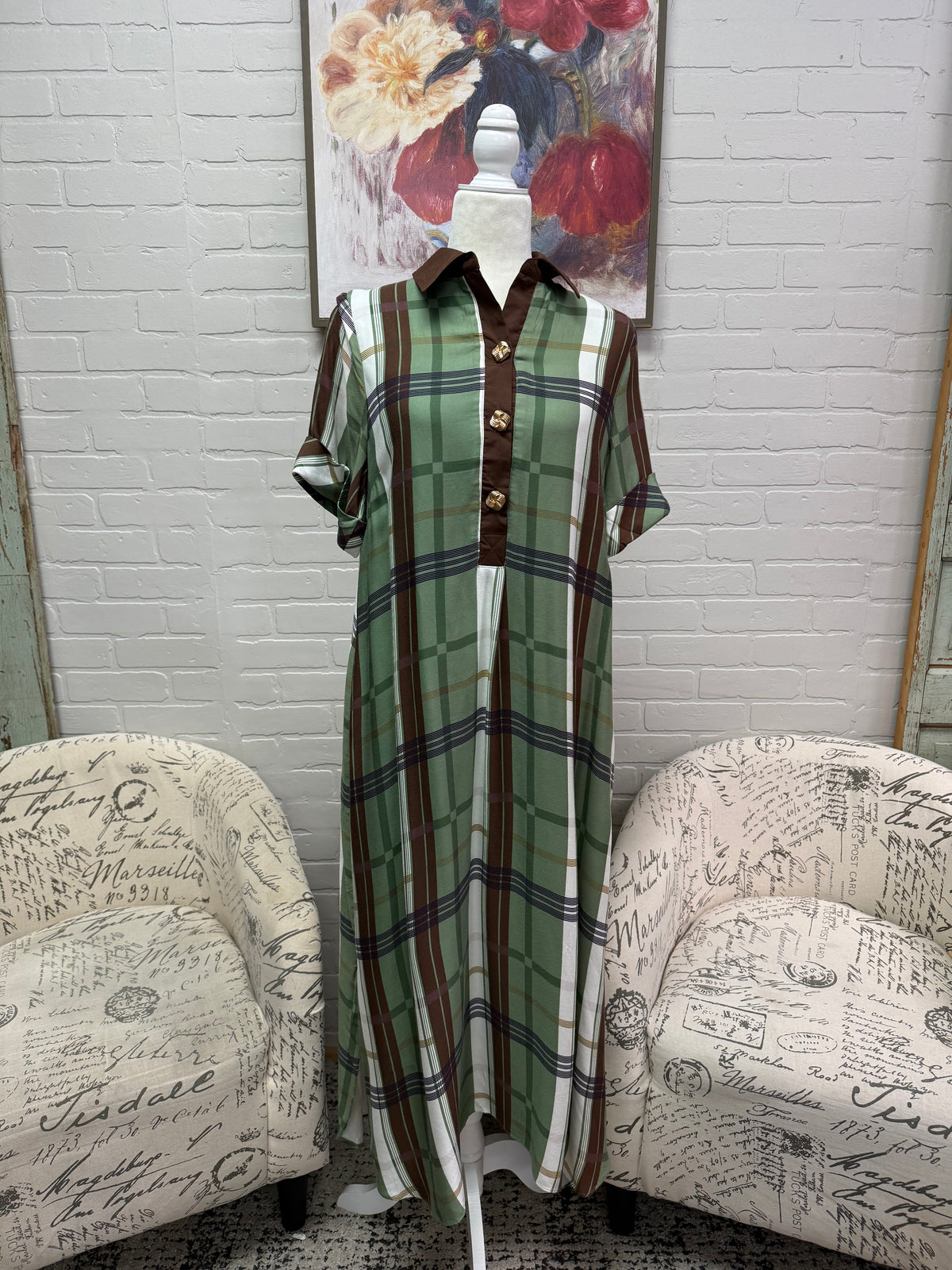 Olive Plaid Midi Dress
