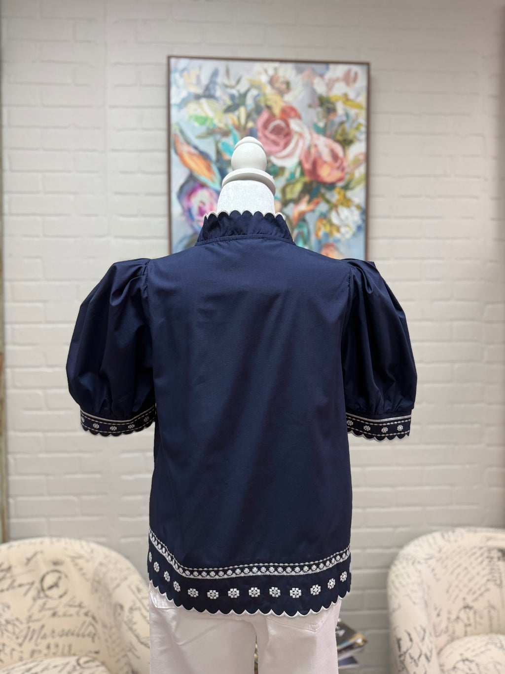 Navy Embroidered Trim Blouse