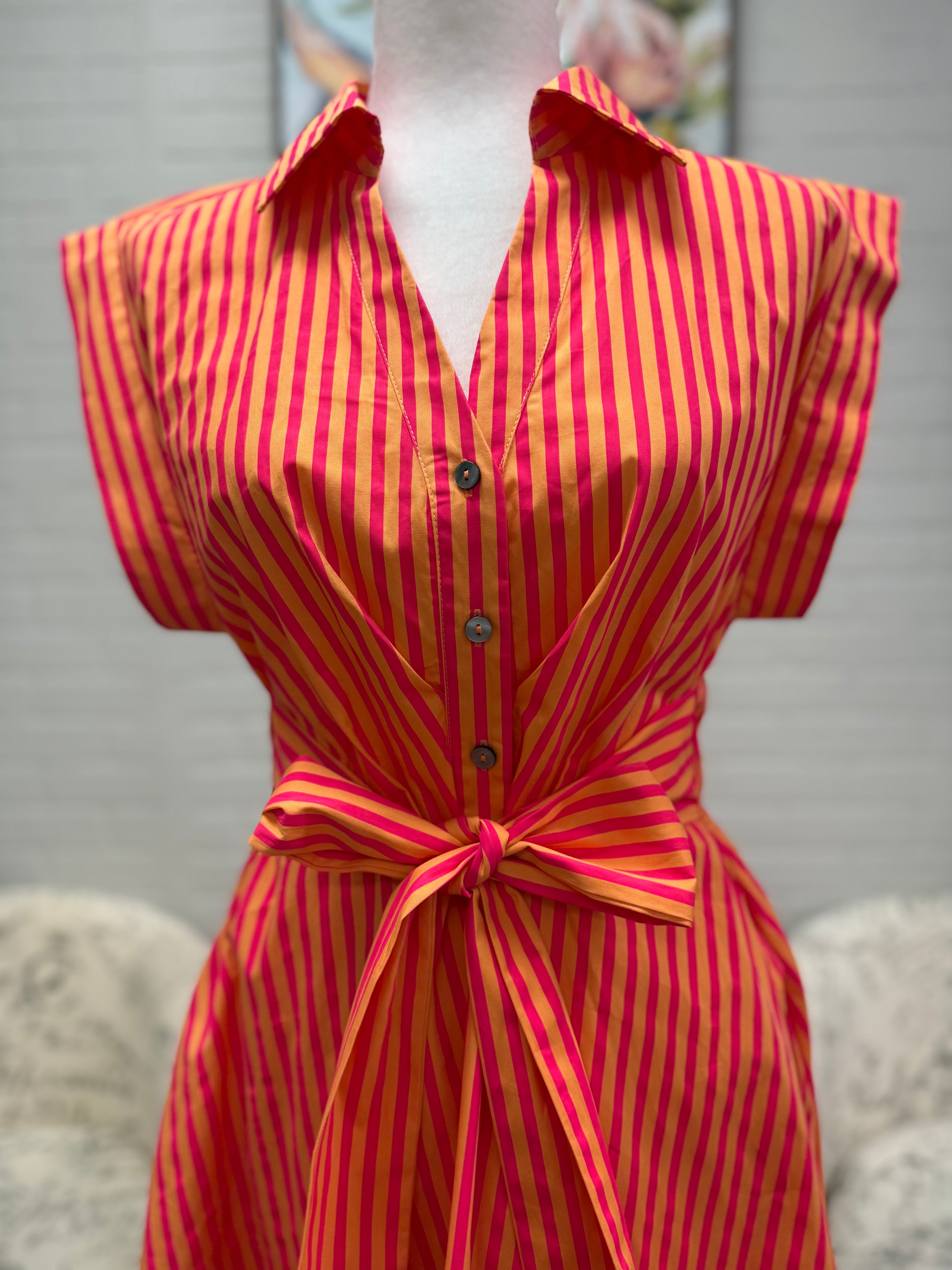 Hot Pink Striped Midi Dress (Extended Sizes)