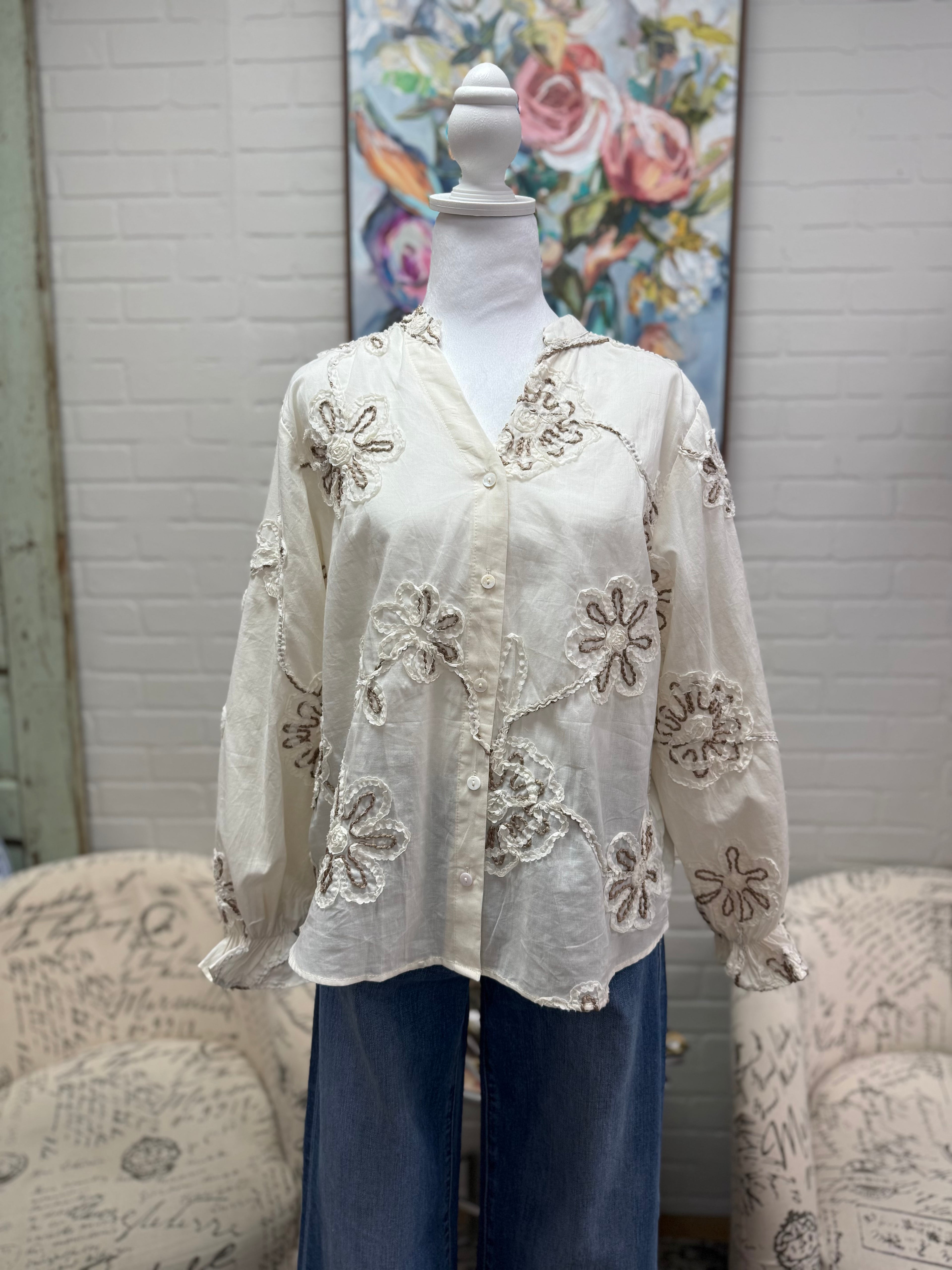 Ecru Long Sleeve Applique Blouse