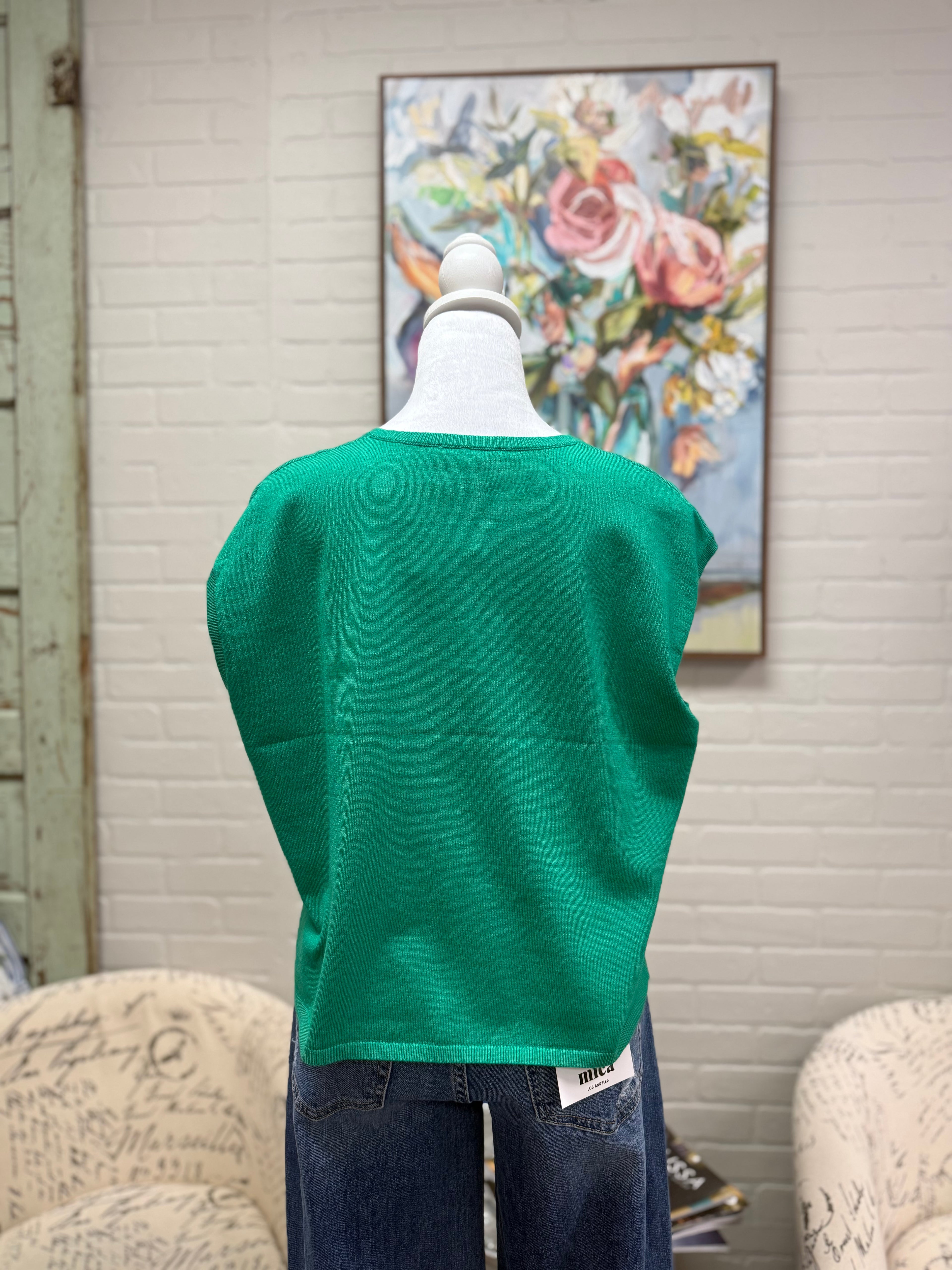 Green Split Neck Sleeveless Sweater