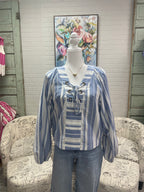 Denim Striped Lace Up Blouse