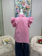 Pink Gingham Flutter Sleeve Blouse