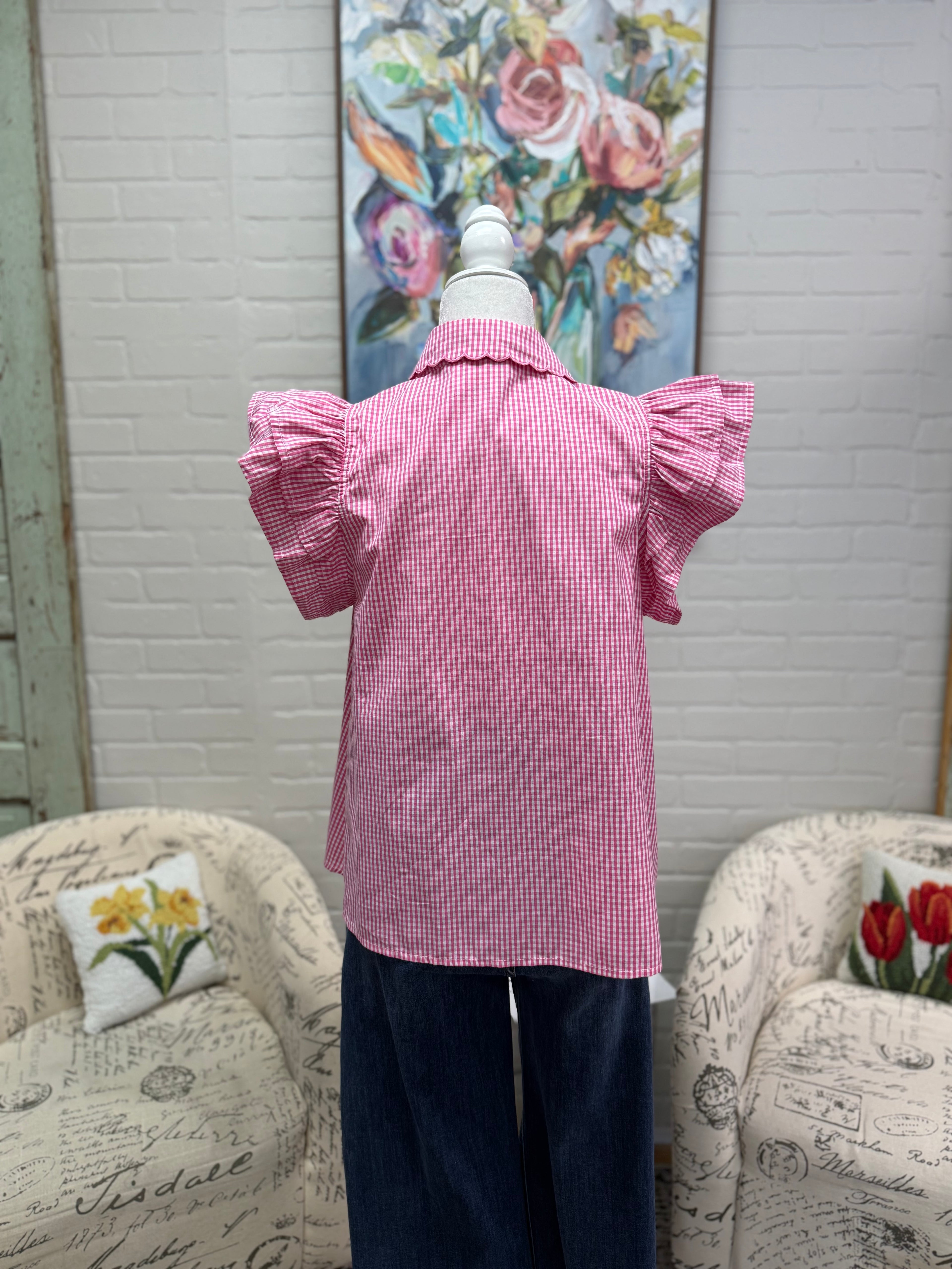 Pink Gingham Flutter Sleeve Blouse