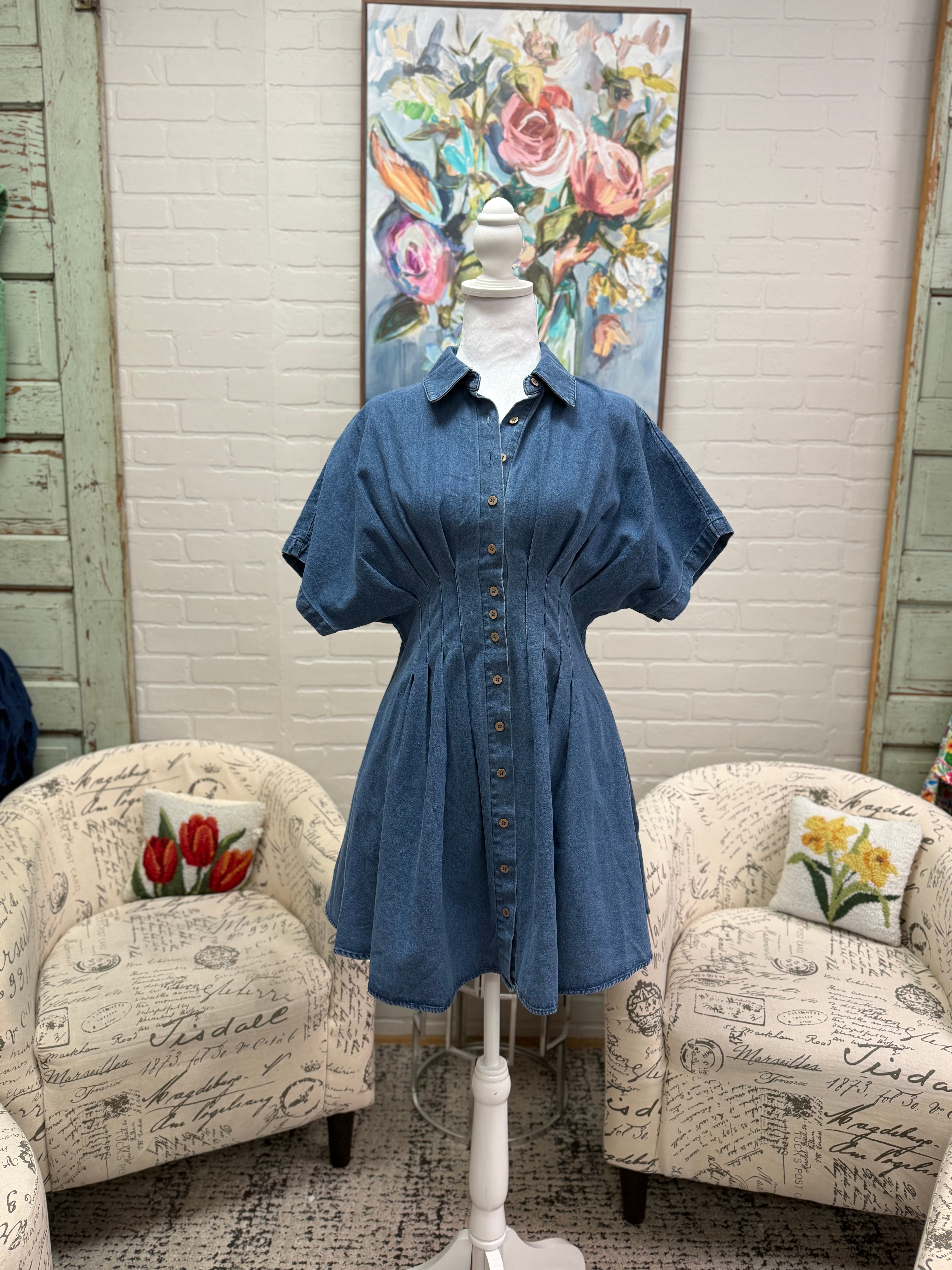Denim Pleated Mini Dress