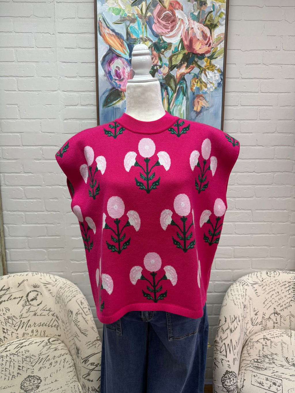 Fuchsia Floral Sleeveless Sweater