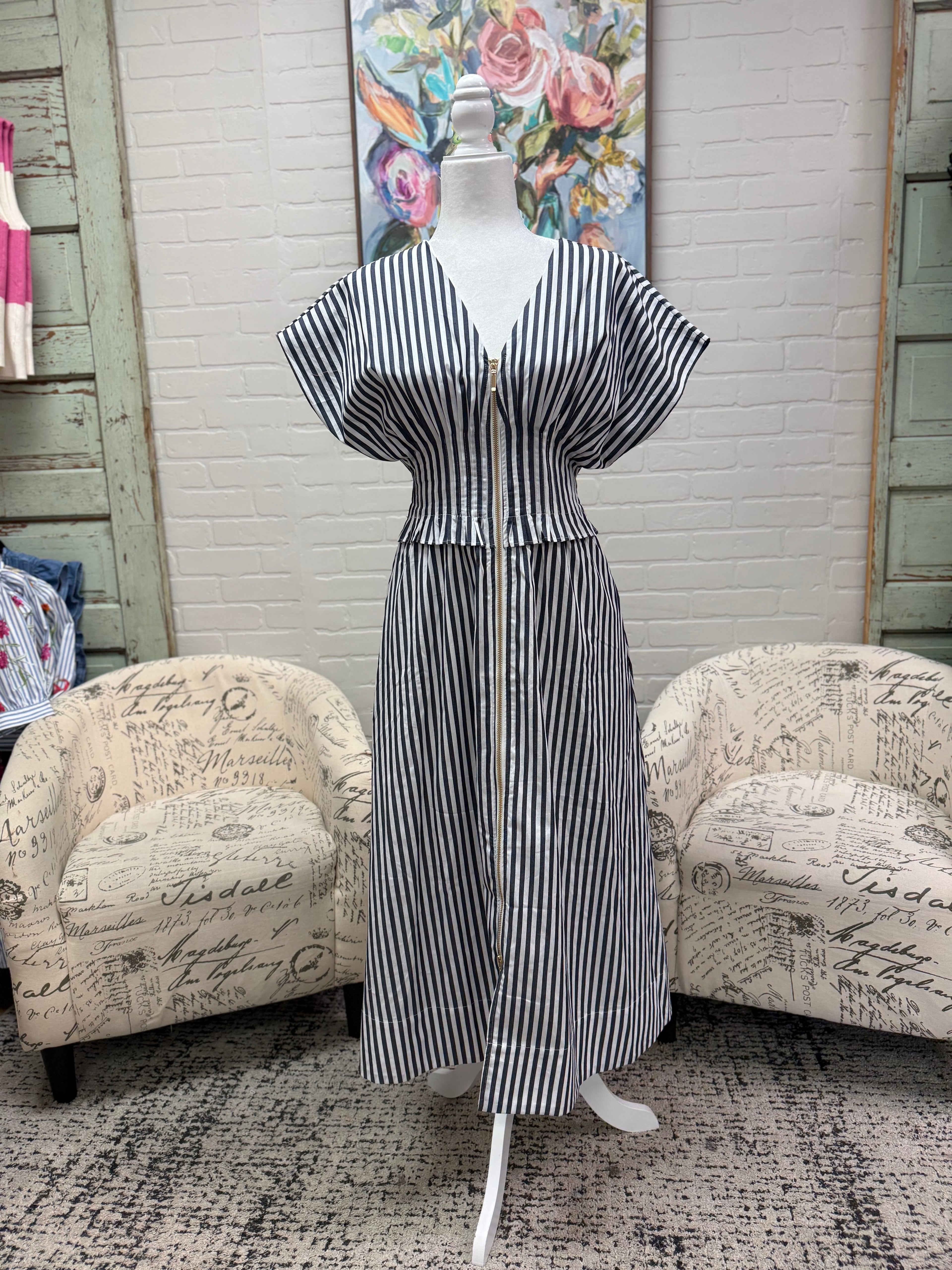 Navy Stripe Zip Midi Dress