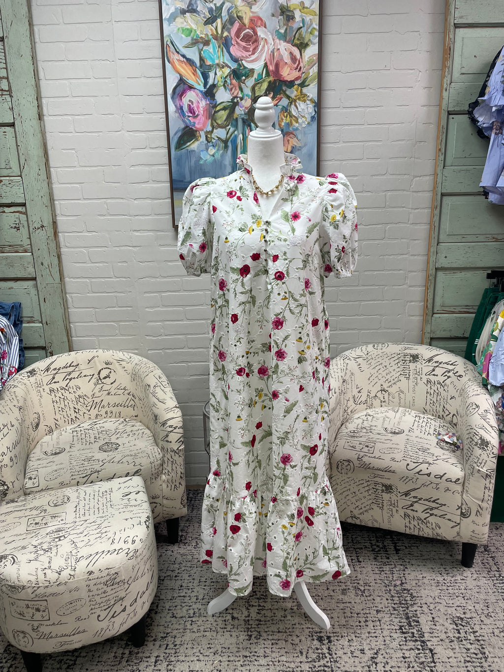 Off White Floral Eyelet Midi Dress