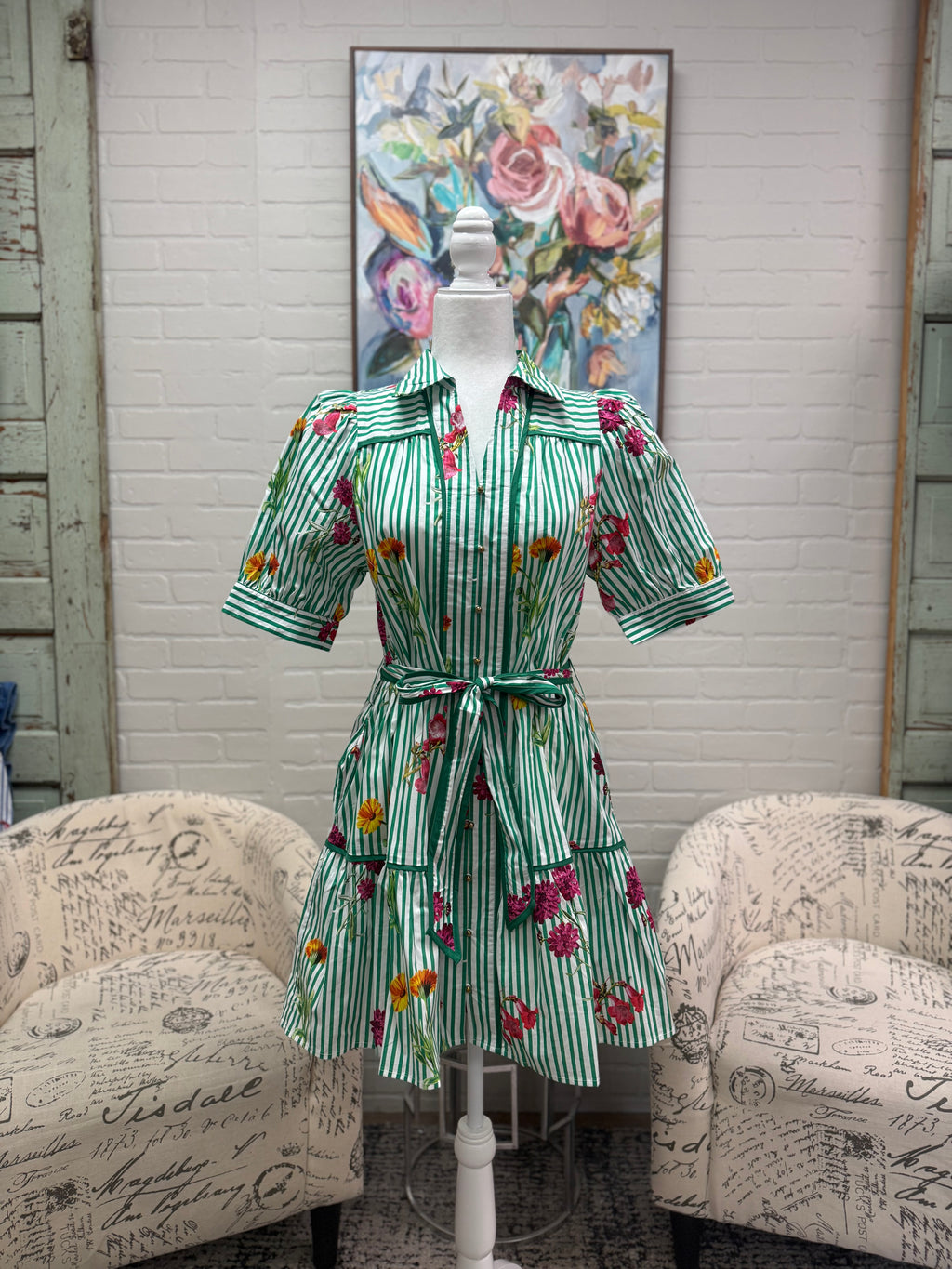 Green Striped Floral Mini Dress