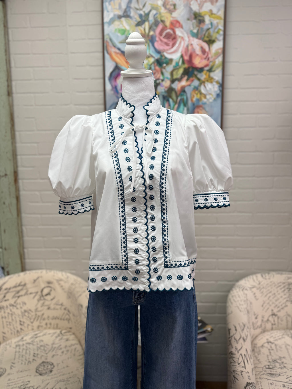 White & Blue Embroidered Trim Blouse
