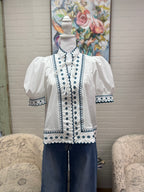 White & Blue Embroidered Trim Blouse