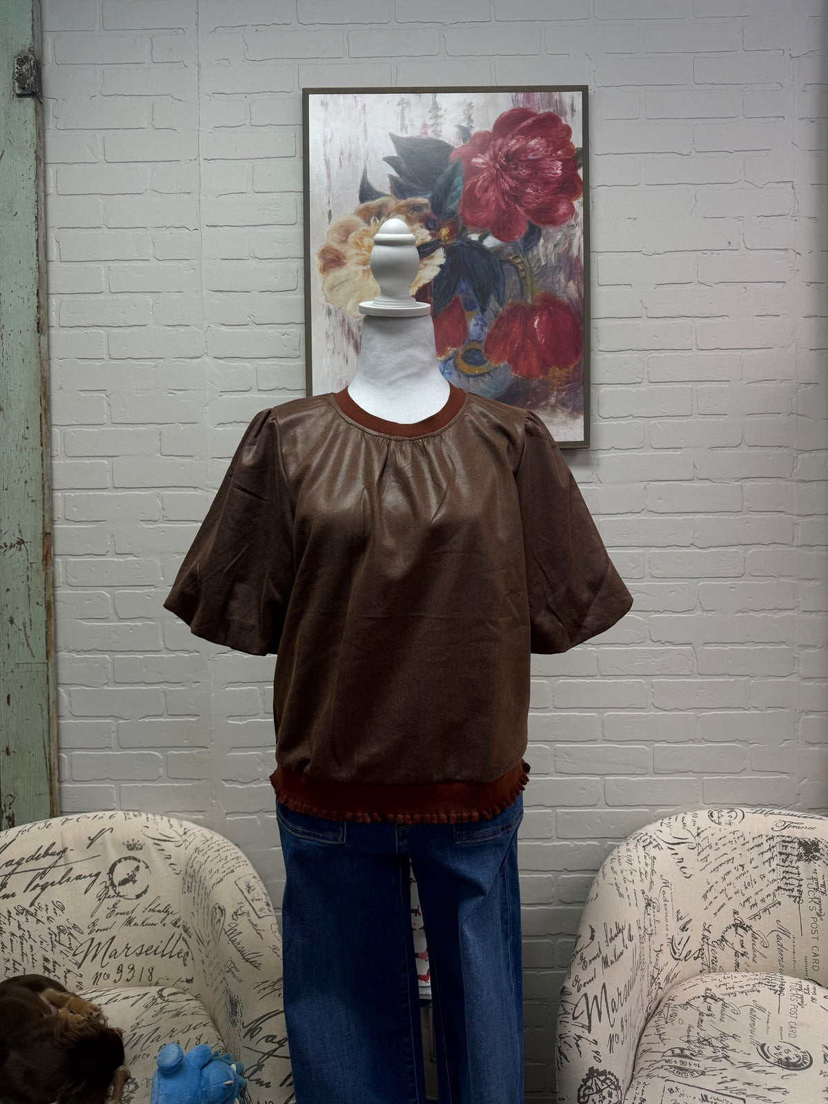 Brown Faux Leather Bubble Top