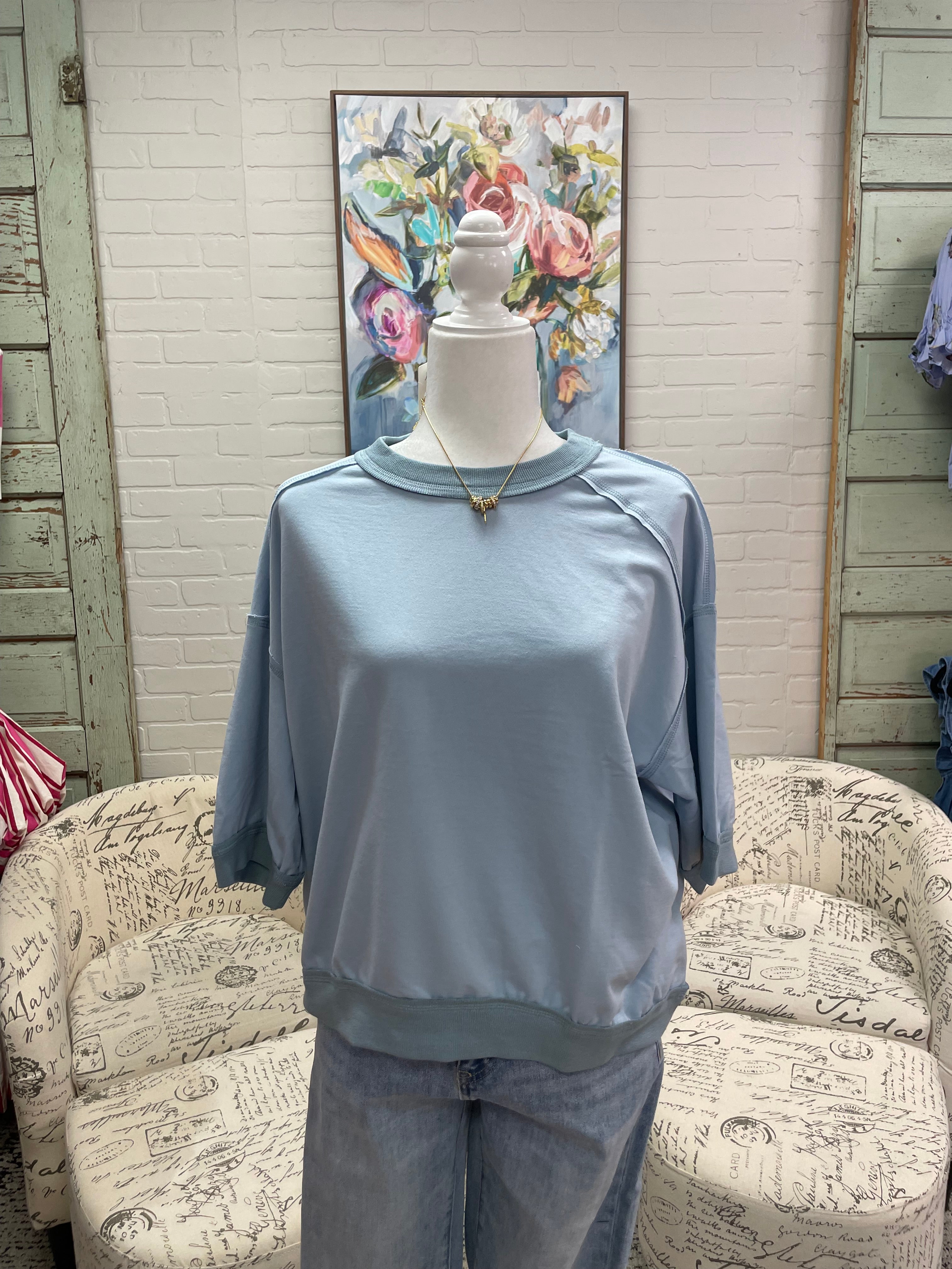 Dusty Blue Contrast Trim Top