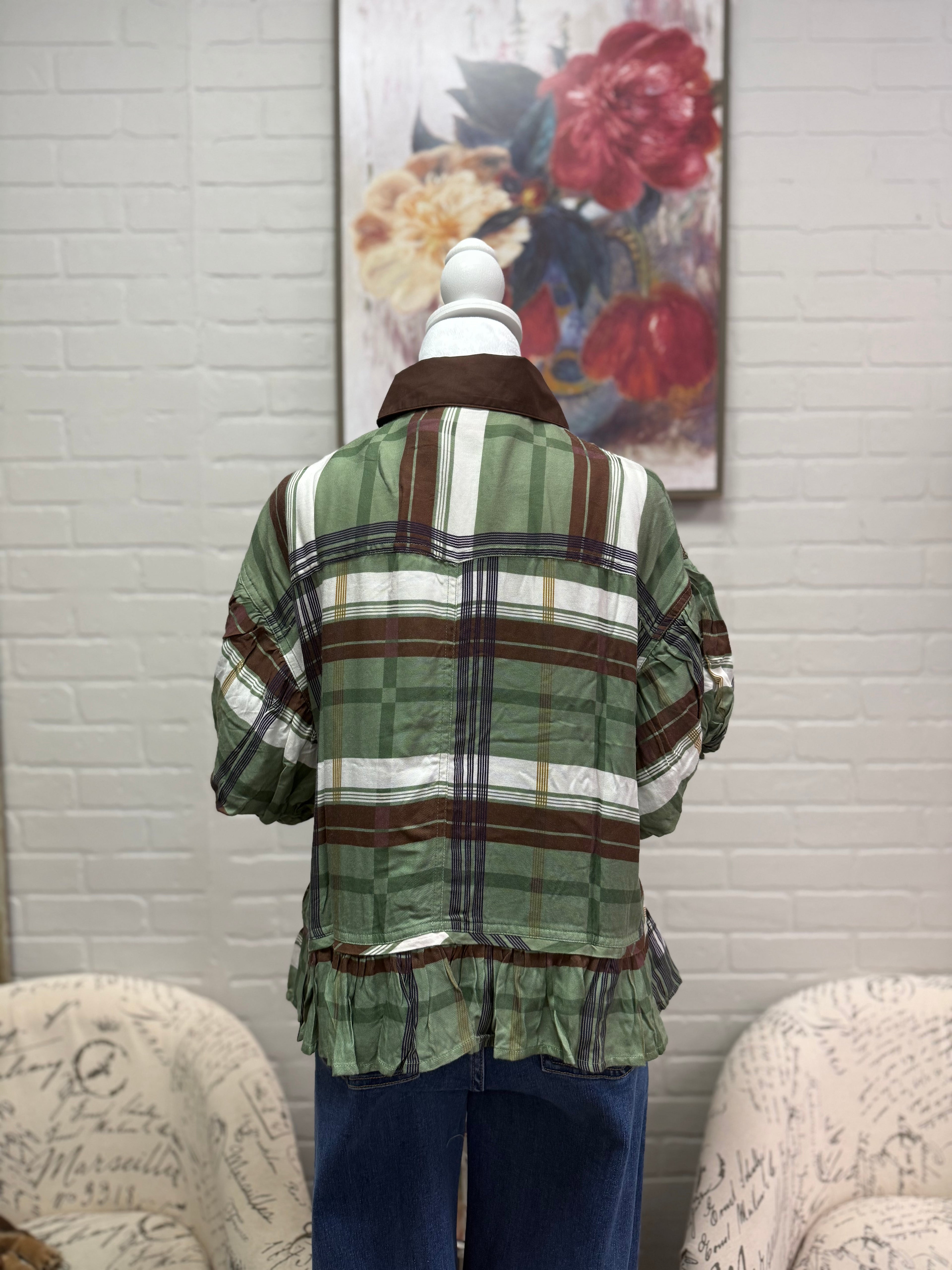 Olive Plaid Ruffle Hem Top